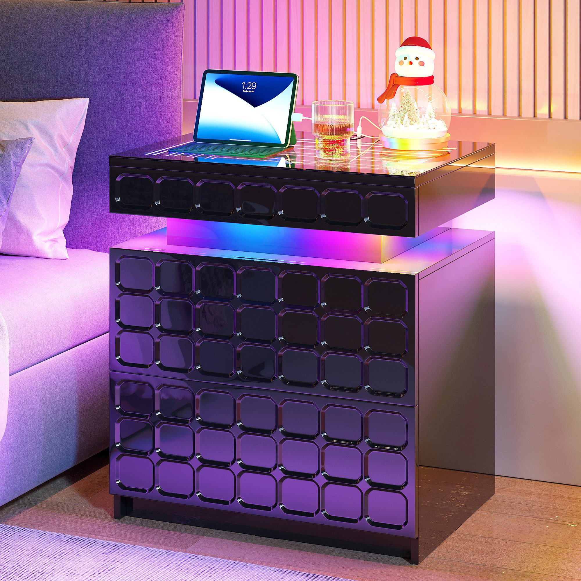 LVSOMT Nachttisch mit Ladestation und RGB, verstecktem Stauraum (1-St), 50×40×59.9cm, schwarz