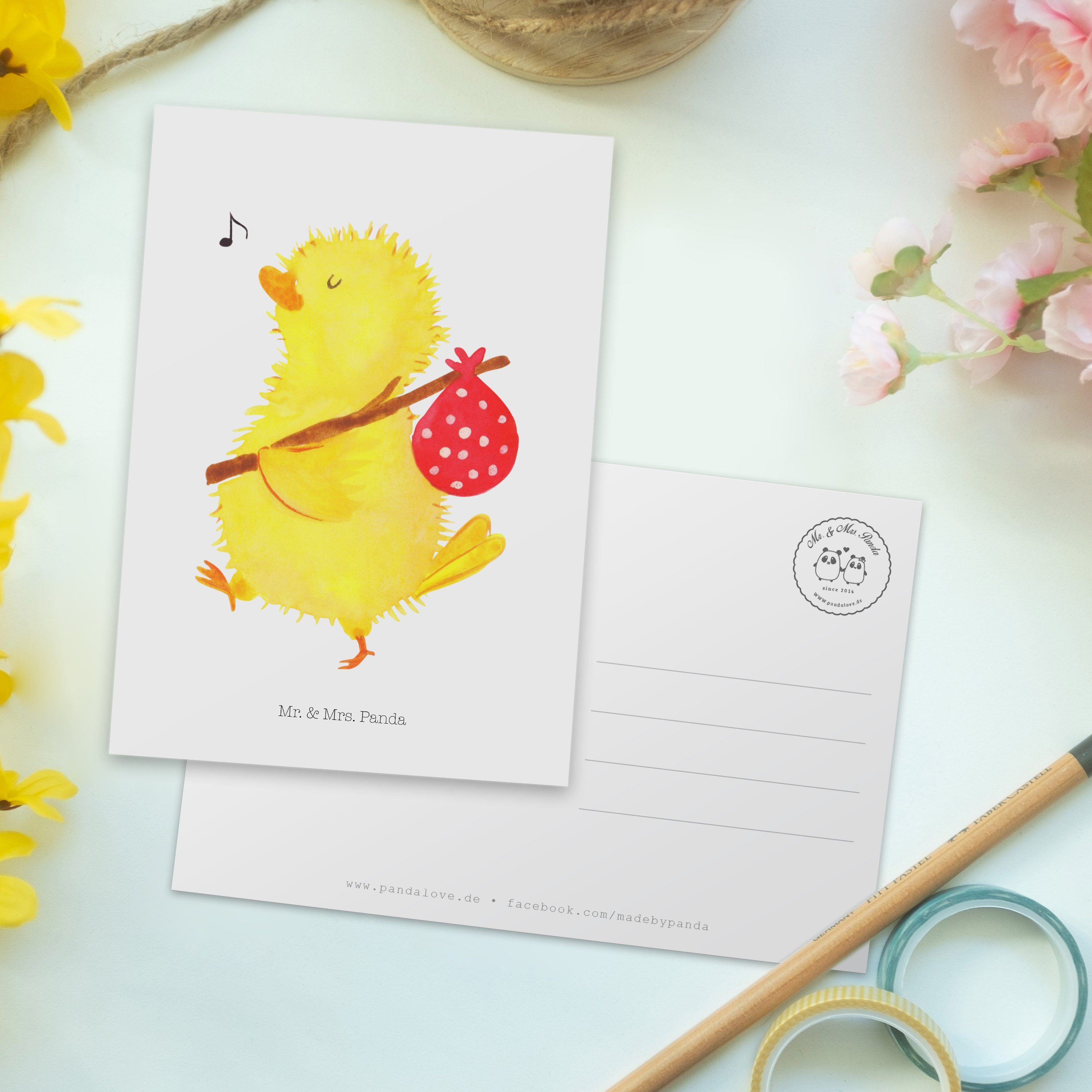 Mr. & Mrs. Panda Postkarte - Frühlingsgefühle, Geschenk, Wanderer Geschenkkarte, Küken - Weiß Da
