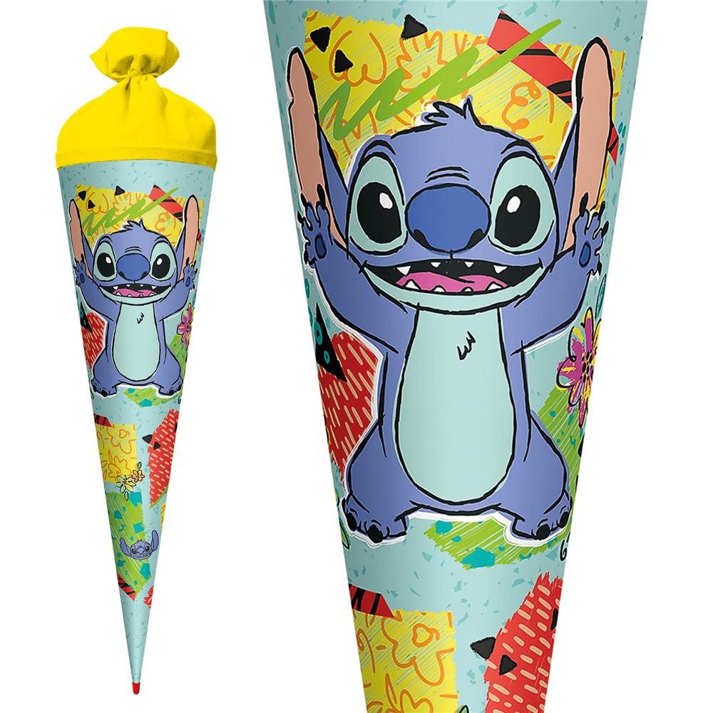 Roth Schultüte Disney Stitch, 70cm, rund, mit Rot(h)-Spitze, Filzverschluss Gelb