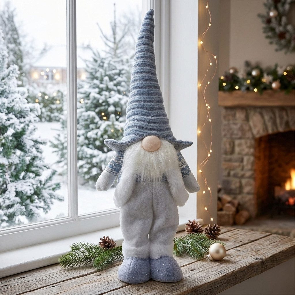Christmas Paradise Wichtel Gnom stehend 43cm(57cm) (Dekofigur, 1 St., Weihnachtsdeko), Blauer Stricklook mit Zipfelmütze, weißem Plüschbart & Glitzerschuhen