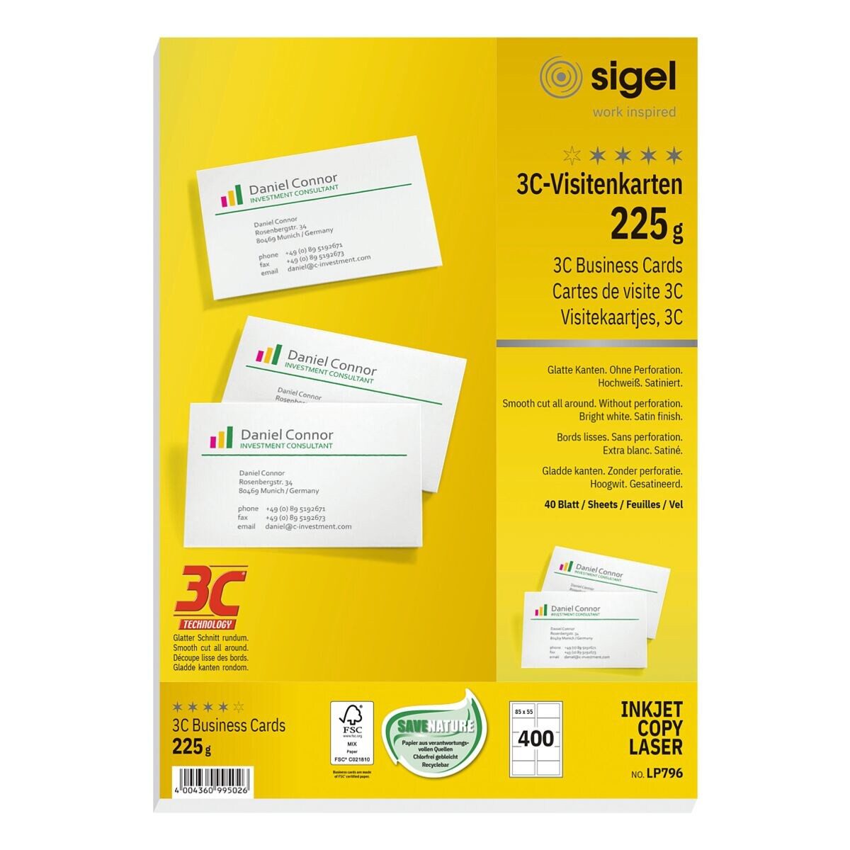 Sigel Visitenkarten LP796, hochweiß, ohne Perforation, 190 g/m²