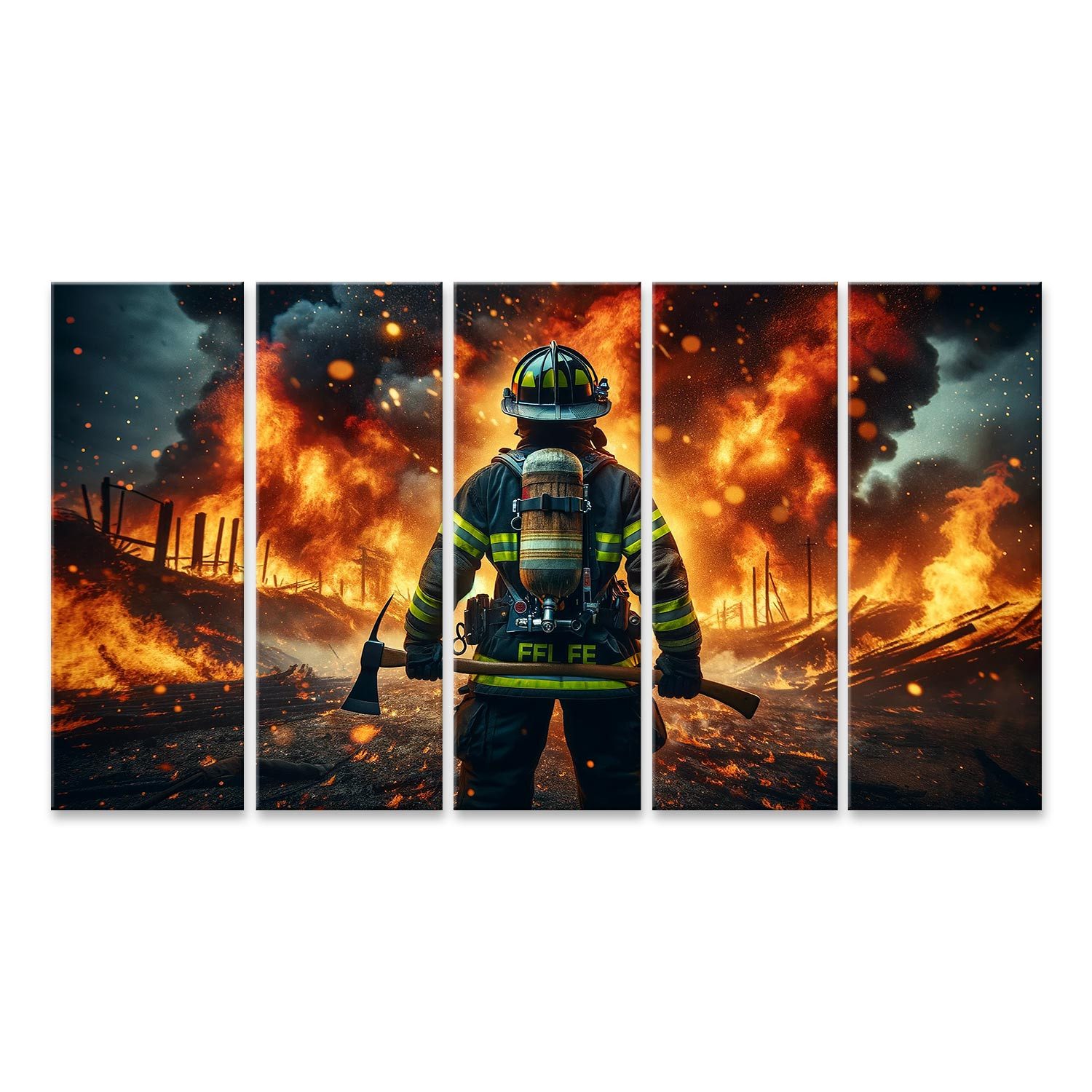 Leinwandbild Feuerwehrmann mit reflektierenden Streifen bekämpft Feuer