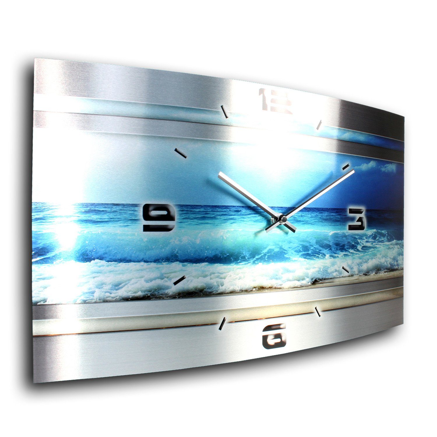 Kreative Feder Funkwanduhr „Blue Ocean“ Design-Wanduhr Aluminium außergewöhnlich, Funkuhrwerk; modern) (3D-Wölbung; gebürstetem flüsterleises 3D aus