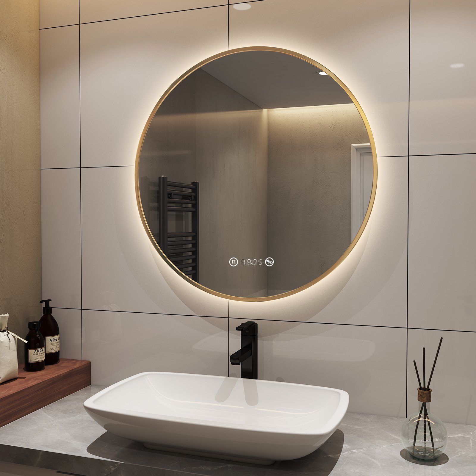 S'AFIELINA Badspiegel Runder LED Badezimmerspiegel Energiesparender Wandspiegel, TouchSchalter,Beschlagfrei,Neutralweiß 4300K,Helligkeit Einstellbar Goldener