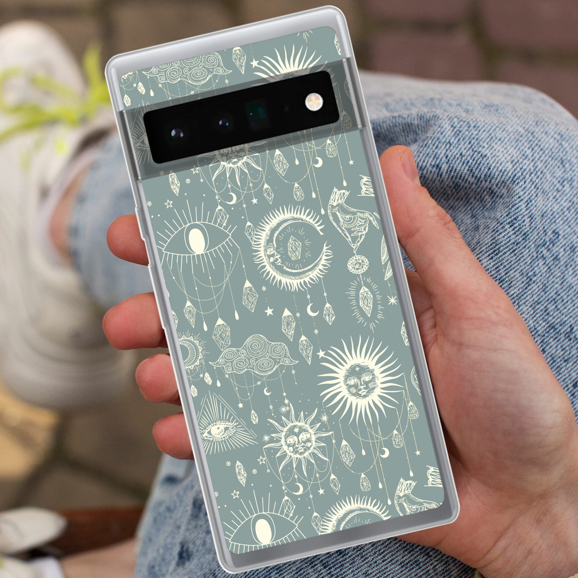 MuchoWow Handyhülle für Google Pixel 6 Pro Boho - Druck - Blau - Sonne - Augen - Zen, Handy Case, Silikon, Bumper Case Dünn