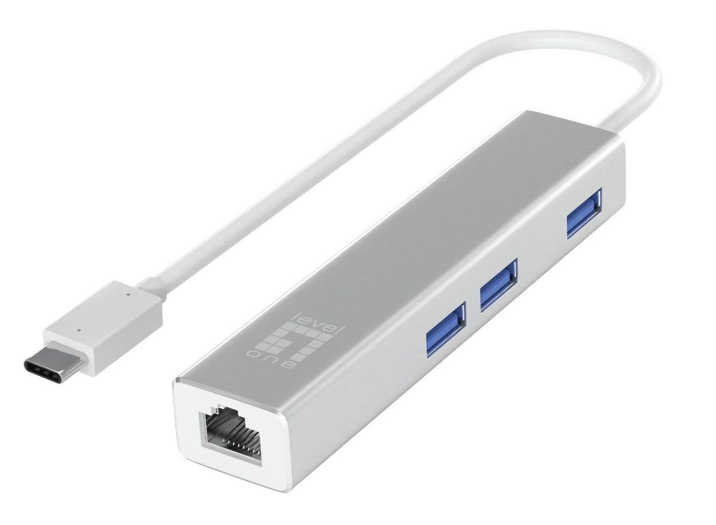 ONE LevelOne LEVEL LAN 4-Port Gbit(1x) Levelone Netzwerk-Switch Port USB3.0(3x)+ USB-C silber