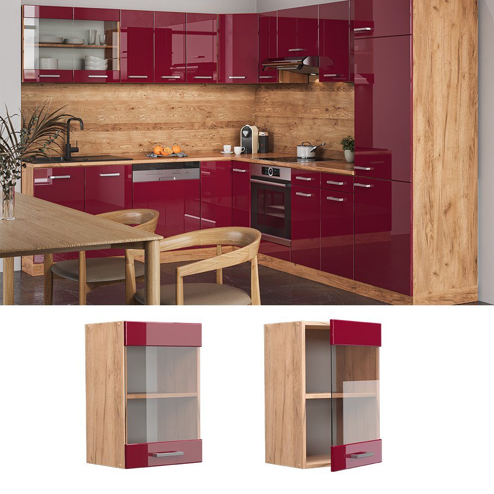 Vicco Glashängeschrank R-Line, Bordeaux Hochglanz/Goldkraft Eiche, günstig online kaufen
