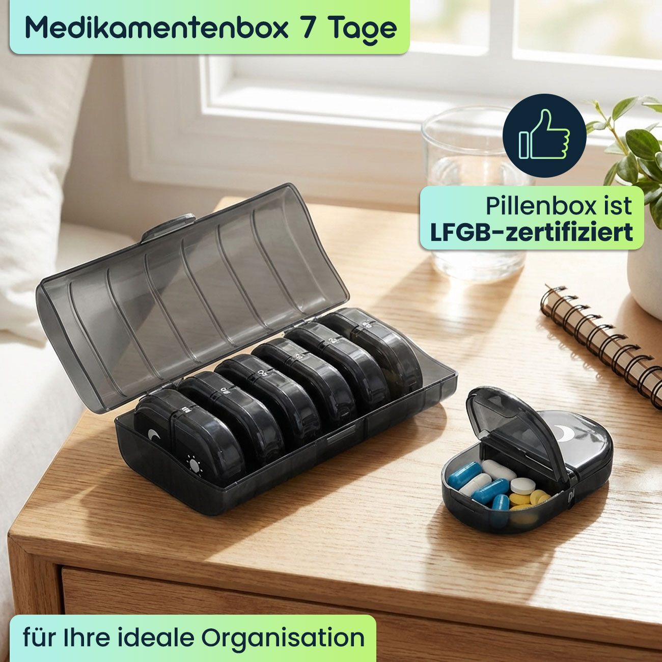 shop'n smile ideoon Pillendose Medikamentenbox 7 Tage, 2 Fächer Morgens Abends, Wochendosierer Medikamente - LFGB geprüft