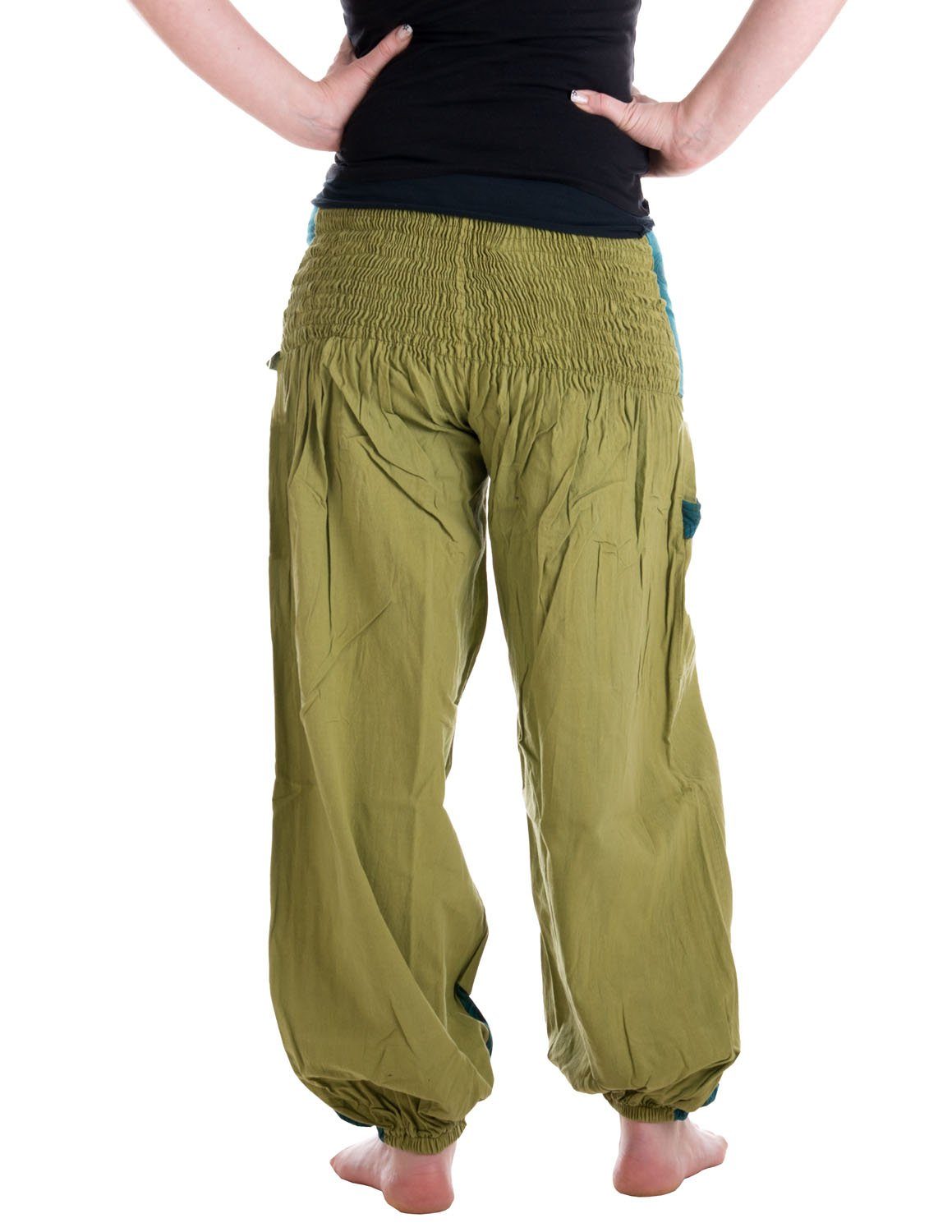 Haremshose Pluderhose, elastischem Hose Hosentaschen Chino Sommerhose Vishes aus Pumphise, Bund farbiger, olive Kurzg Baumwolle