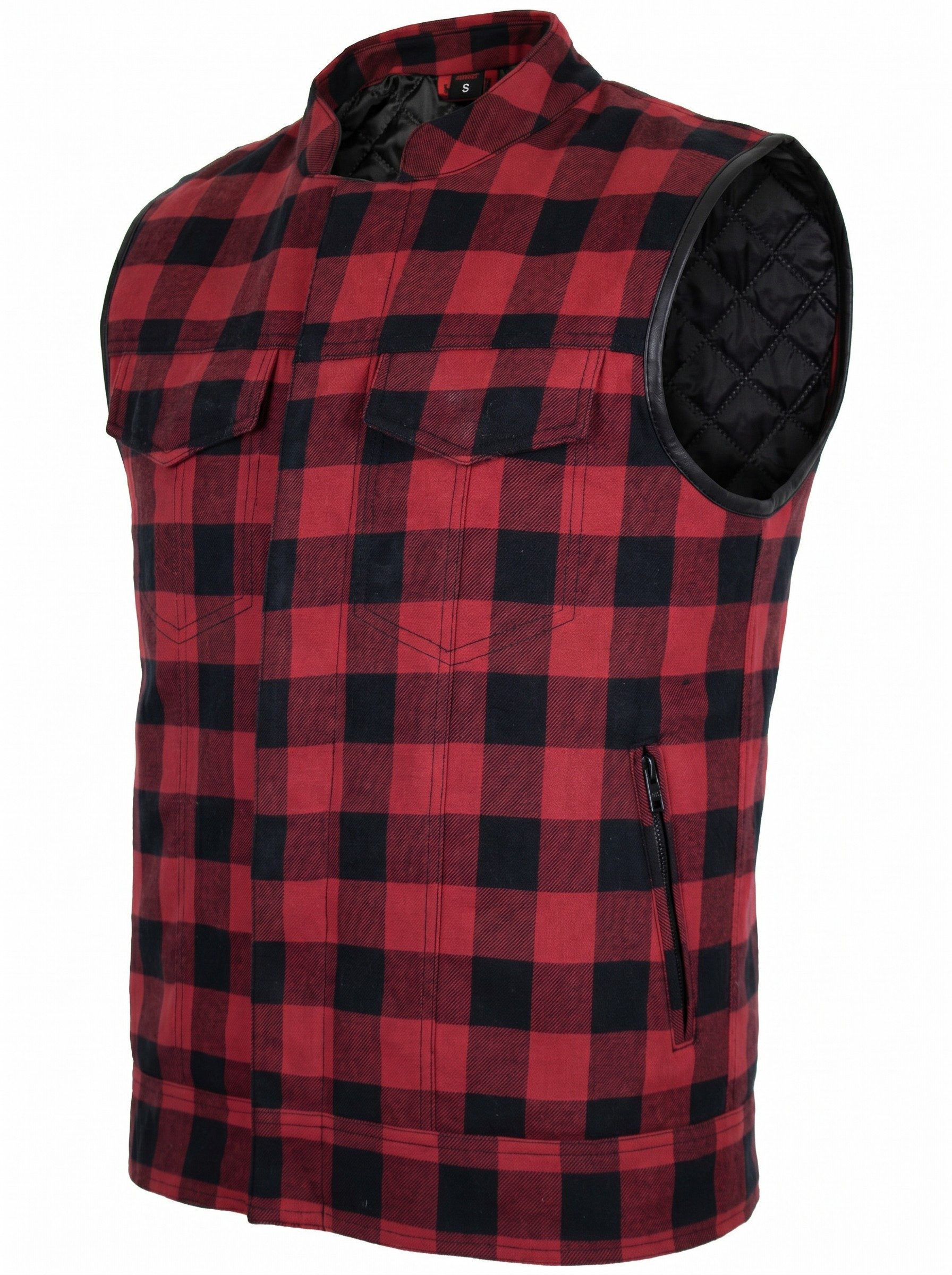 MDM Karoweste Herren Holzfäller Weste kariert Lumberjack Textilweste (Karierte Herren Lumberjack Bikerweste im Holzfäller-Look) leichte Karierte Bikerweste im Holzfäller-Look mit 6 Taschen
