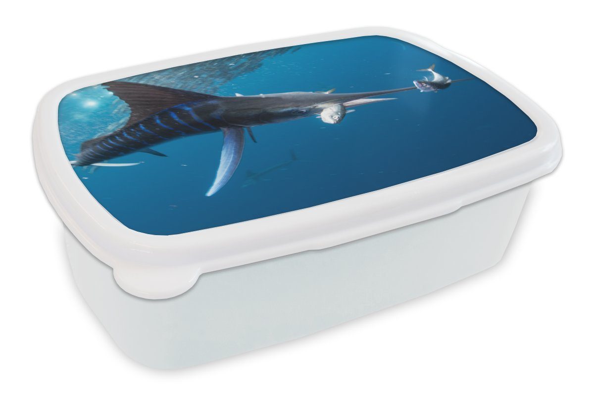 MuchoWow Lunchbox Schwertfisch - Blau - Wasser, Kunststoff, (2-tlg), Brotbox für Kinder und Erwachsene, Brotdose, für Jungs und Mädchen weiß | Lunchboxen