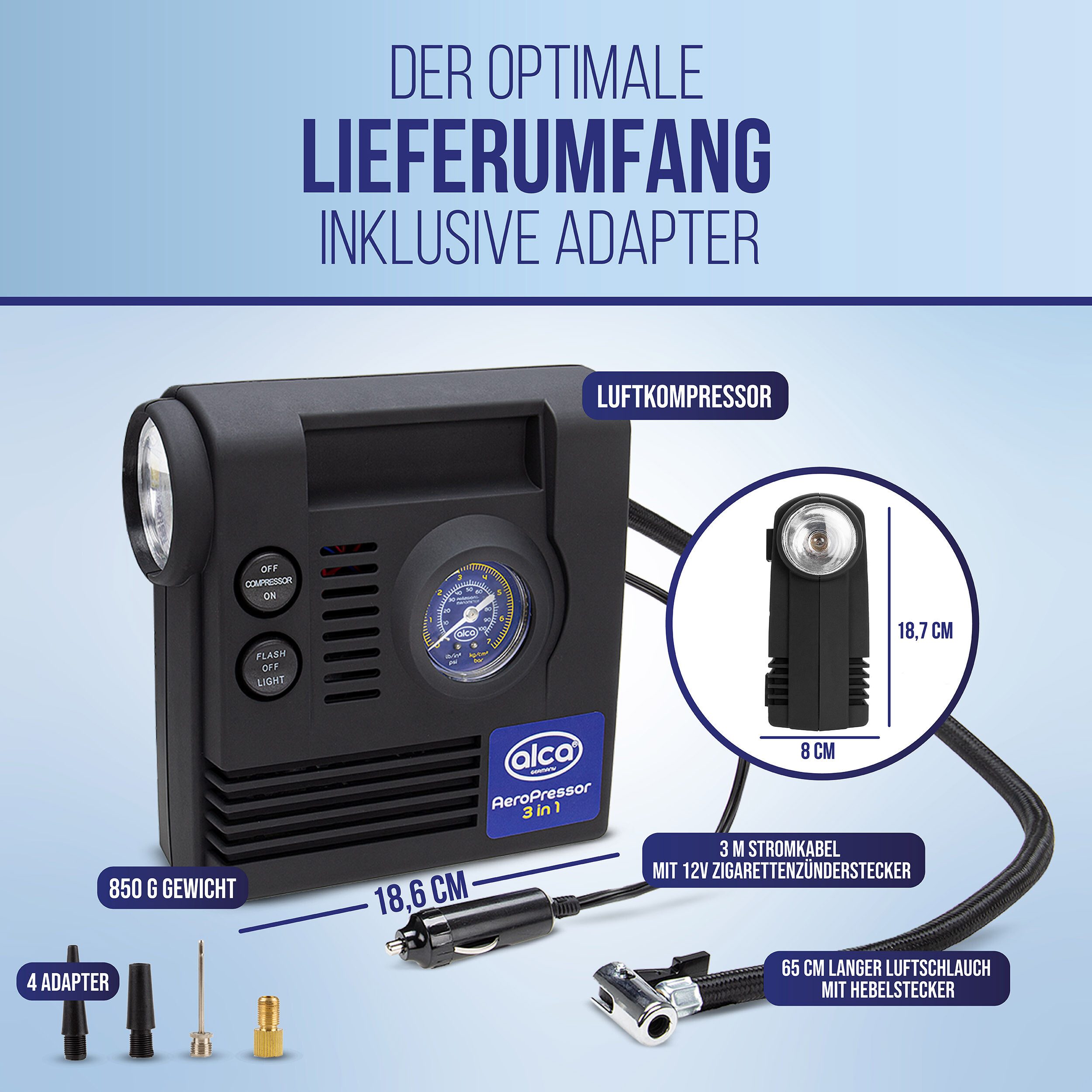 alca Kompressor Auto Kompressor mini 3in1 mit Licht, elektrische Luftpumpe 12V, 21 bar, 120 W, max. 7 bar, 1-tlg.