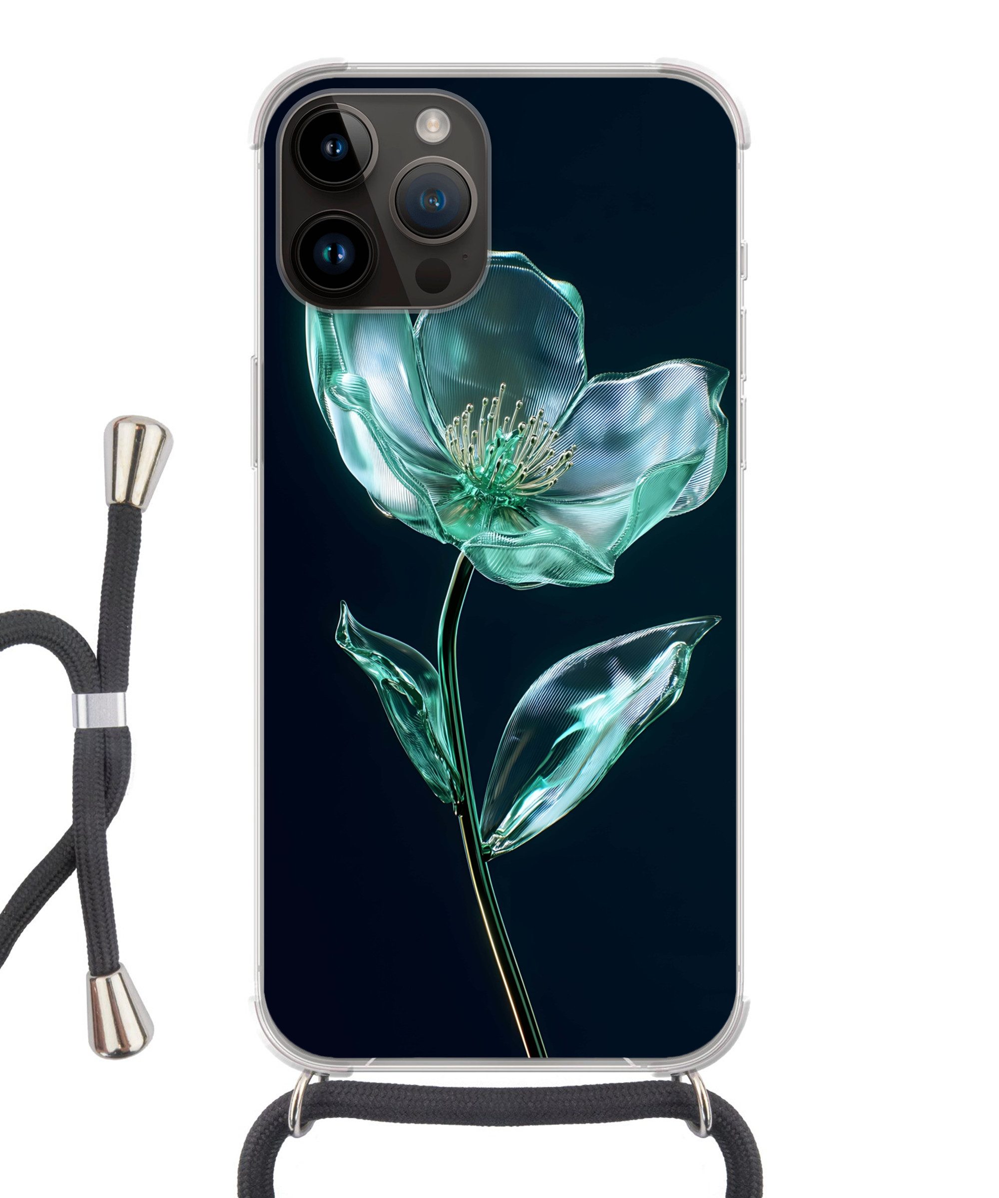 MuchoWow Handyhülle für Apple iPhone 14 Pro Max Blätter - Blume - Gläser - Dunkelblau, Tragbare Handyhüllen mit Kette zum umhängen, Handykette Handyband