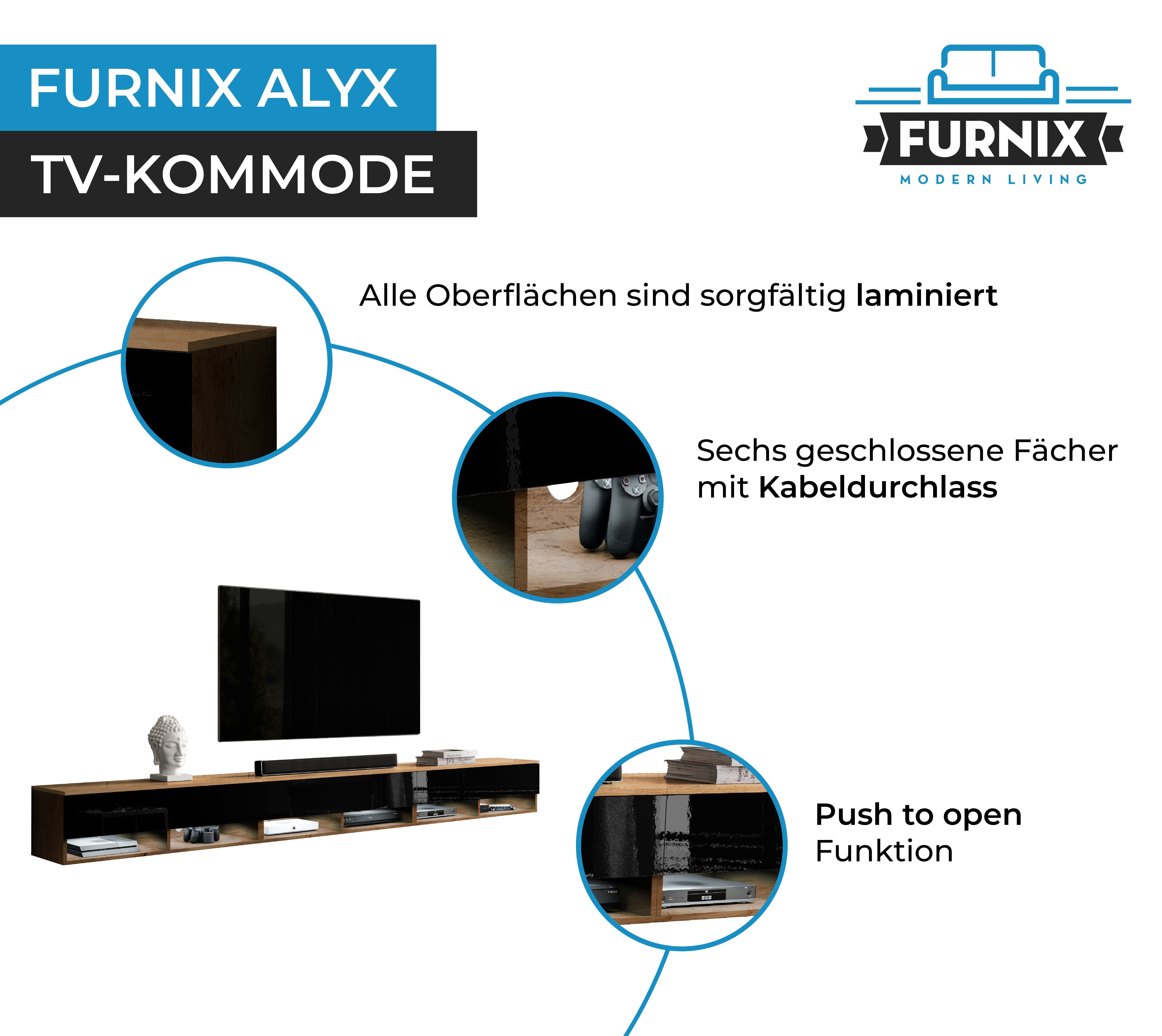 Wotan/Schwarz Furnix TV-Kommode LED ohne Türen cm H34 x Lowboard 3 mit 300 Glanz x B300 ALYX TV-Schrank cm T32
