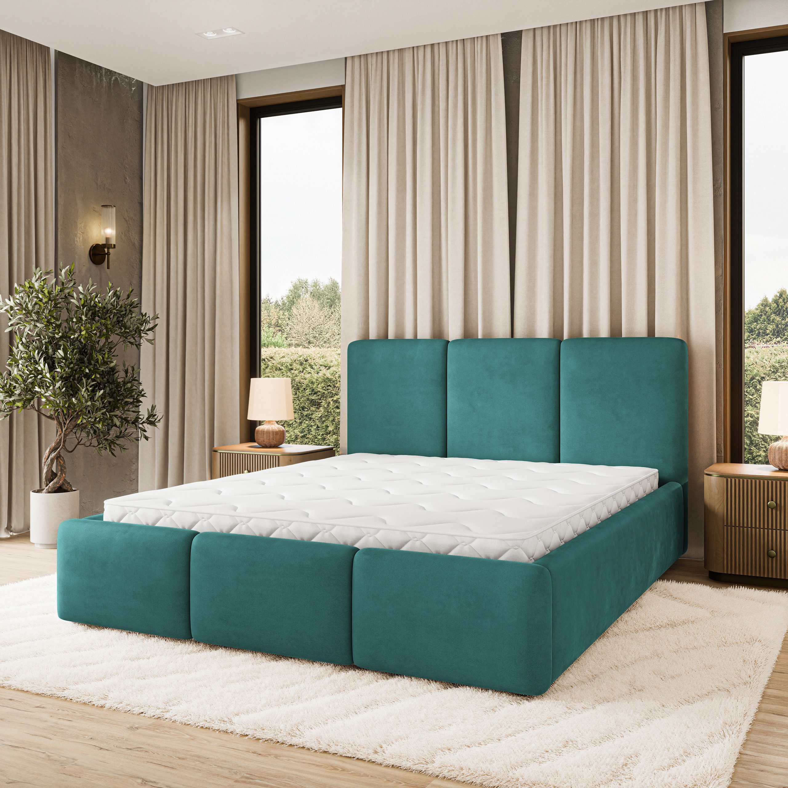 Masseno Polsterbett MORENA 120x200 cm blau (mit Bettkasten und Lattenrost)