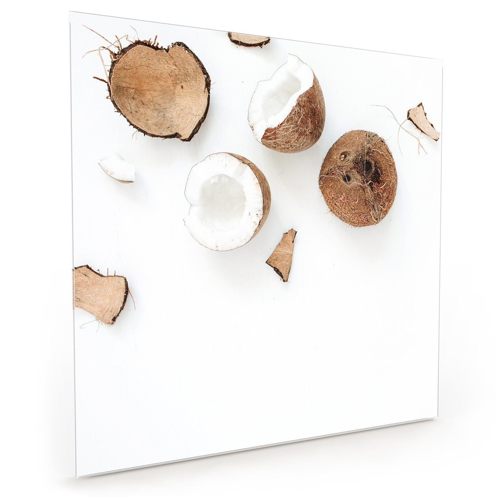 Primedeco Küchenrückwand Küchenrückwand Spritzschutz Glas mit Kokosnuss Motiv Gebrochene