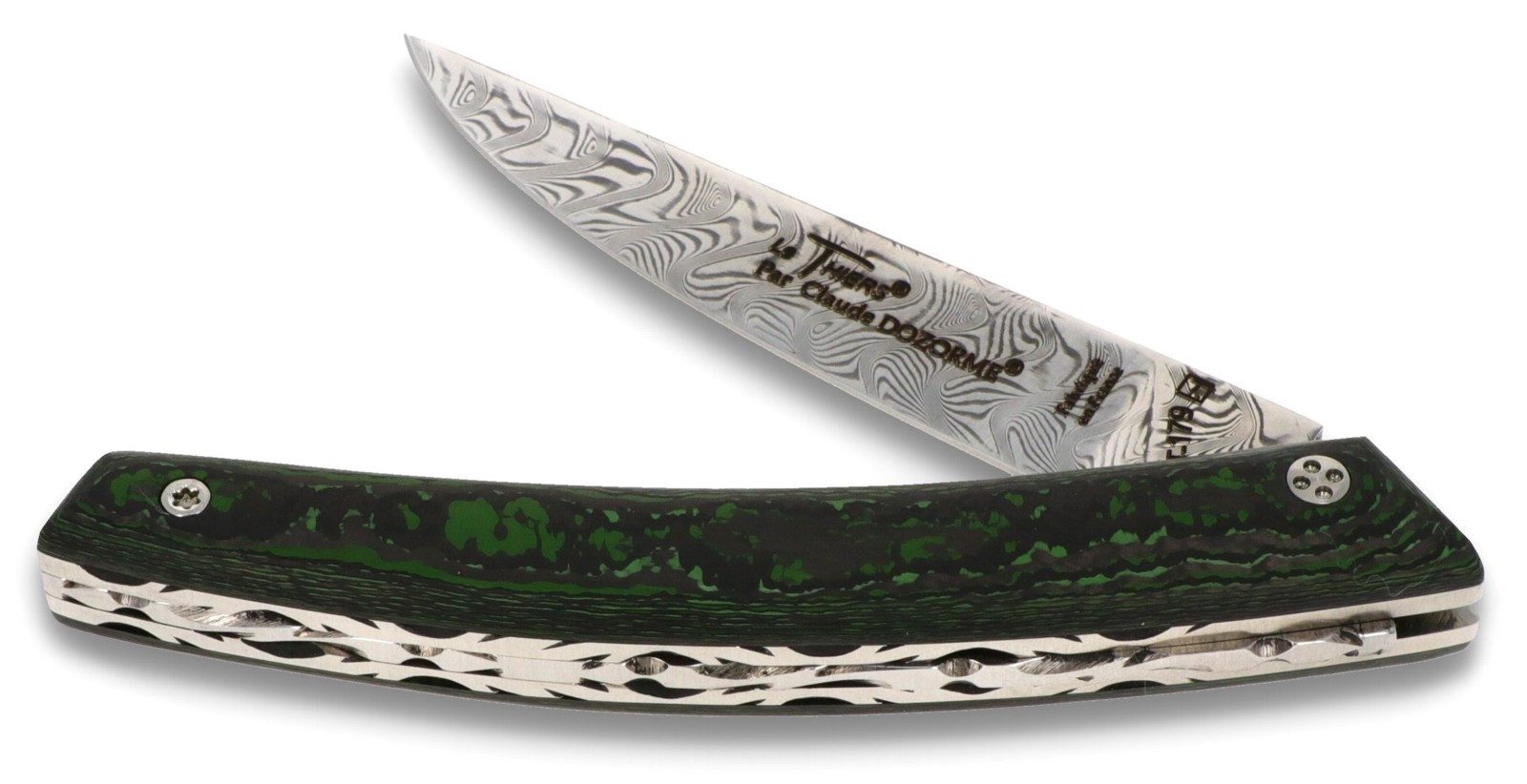 Claude Dozorme Taschenmesser DIV RLT carb camou damas, Le Thiers RLT - Griff 12cm Carbon - Damastklinge - Platine verziert