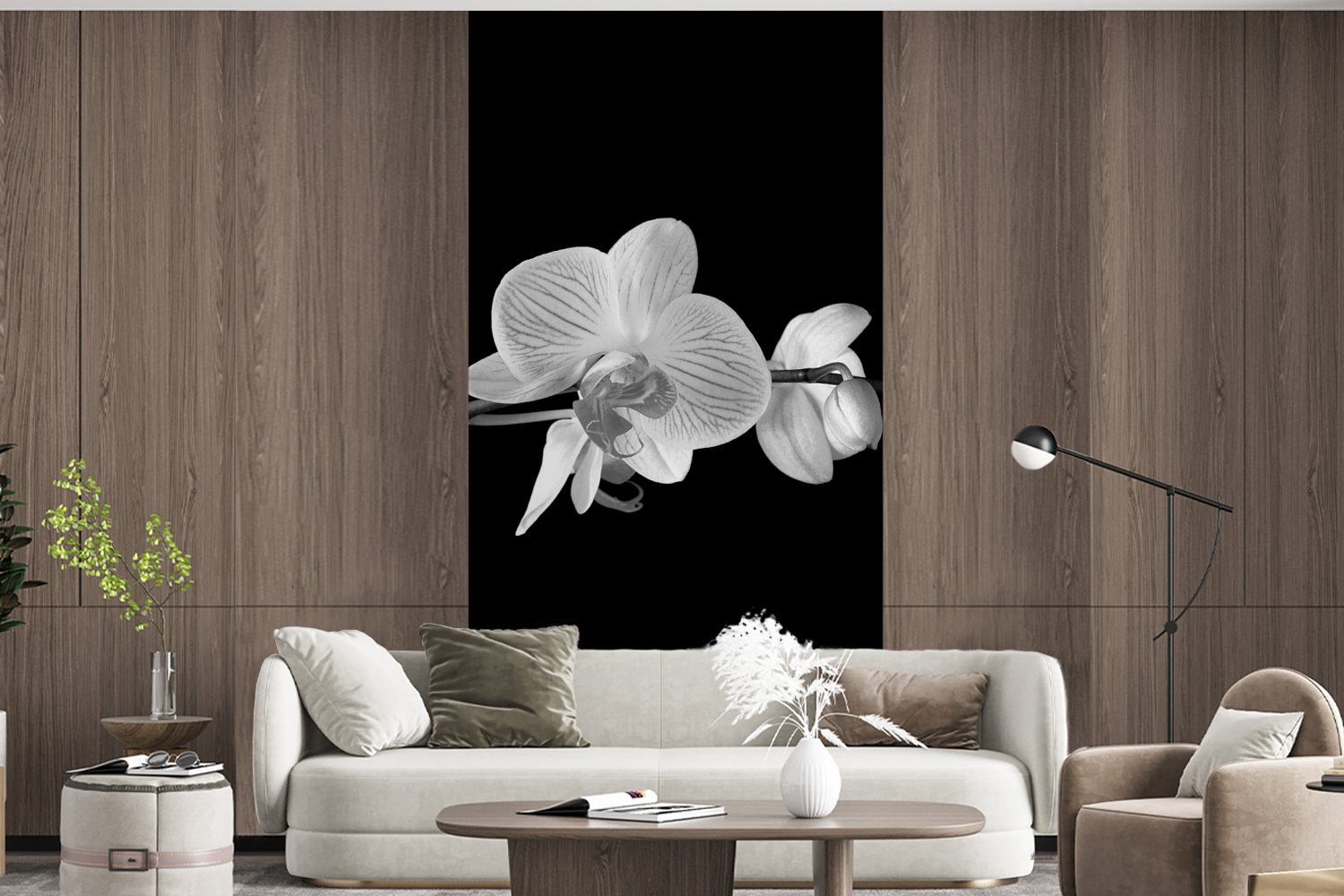 MuchoWow Fototapete Orchidee - Blumen Vliestapete Schlafzimmer Küche, Rosa Fototapete - Matt, für (2 Knöpfe, Schwarz - bedruckt, Wohnzimmer St), 