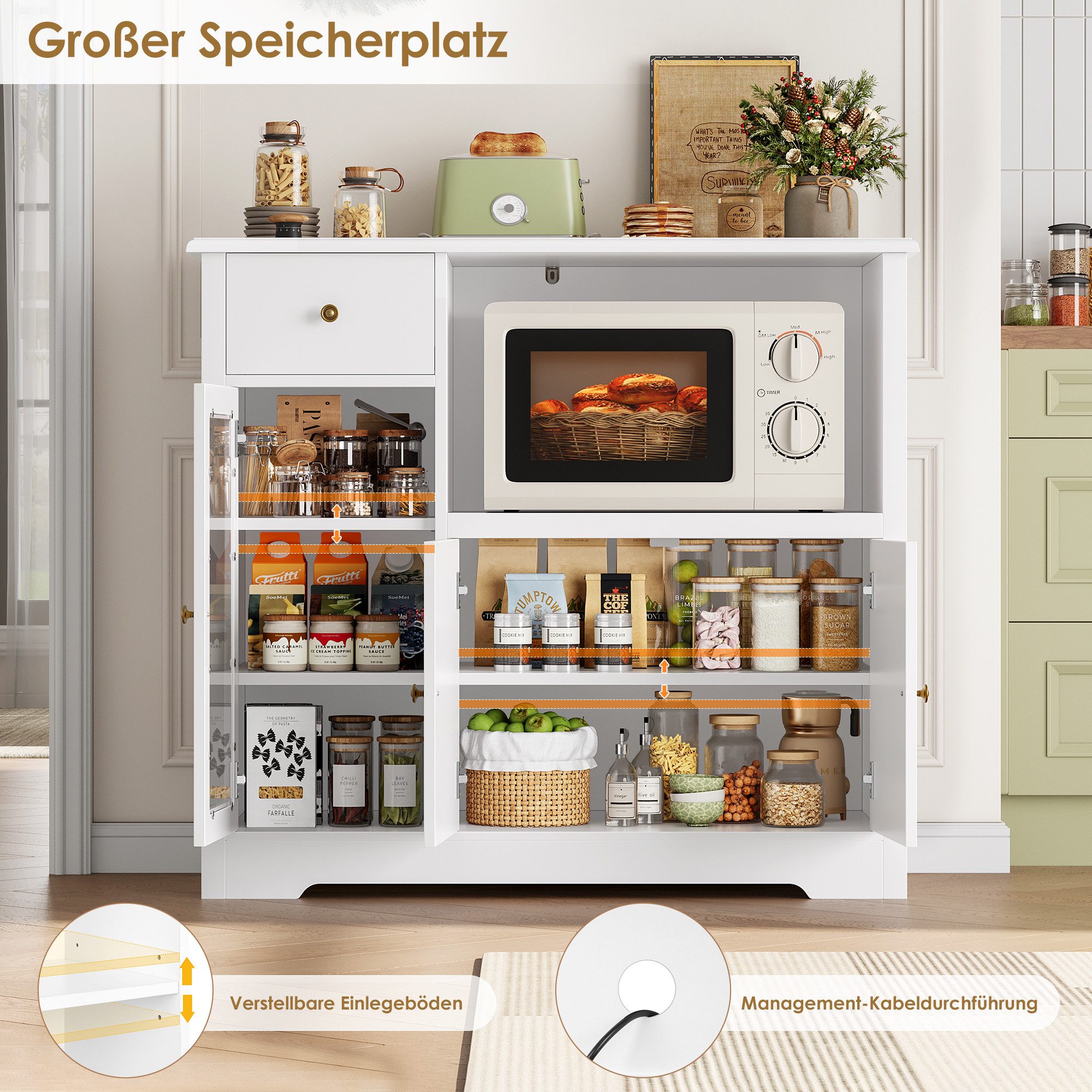 HOMECHO Buffet Küchenschrank weiß Mikrowellenregal mit Schubladen Ablagen – Bild 5 von 5