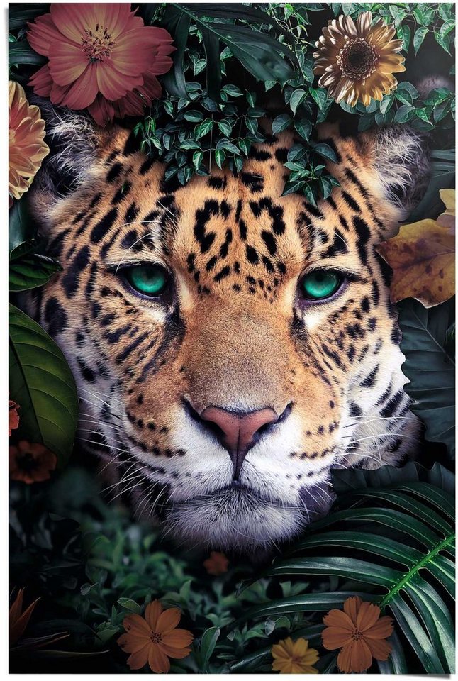 Reinders! Poster Leopard Blumen - Pflanzen - Farbenfroh - Tiermotiv, (1 St)