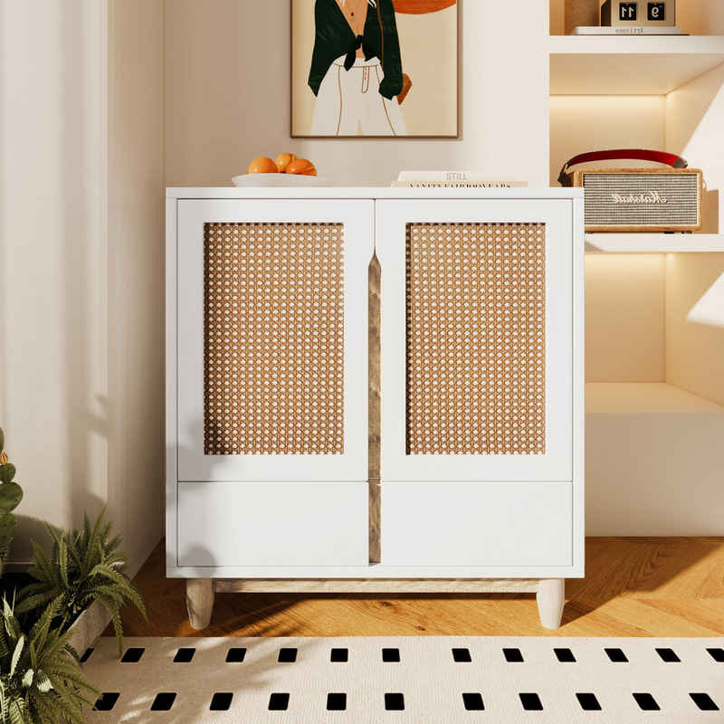 Merax Kommode mit Rattantüren und Schubladen, Sideboard Landhaus, Highboard, Eckkommode