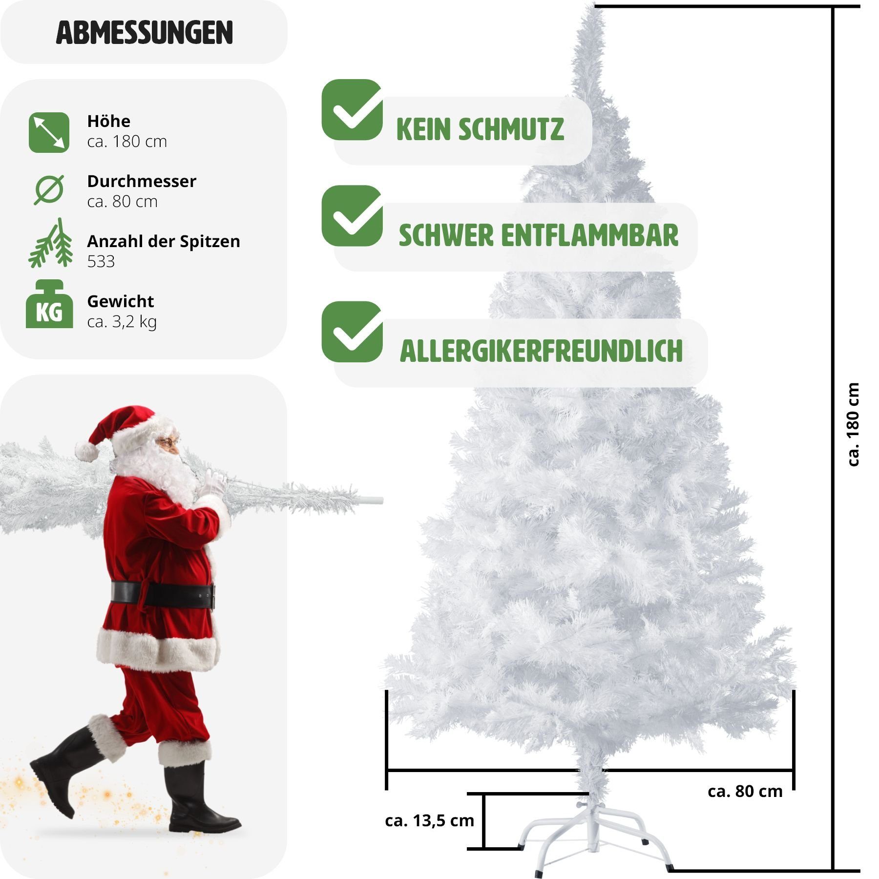 tectake Künstlicher Weihnachtsbaum Weihnachtsbaum künstlich mit weiß, weiss, Metallständer Baum Spitzen Undekorierter/Unbeleuchteter 533