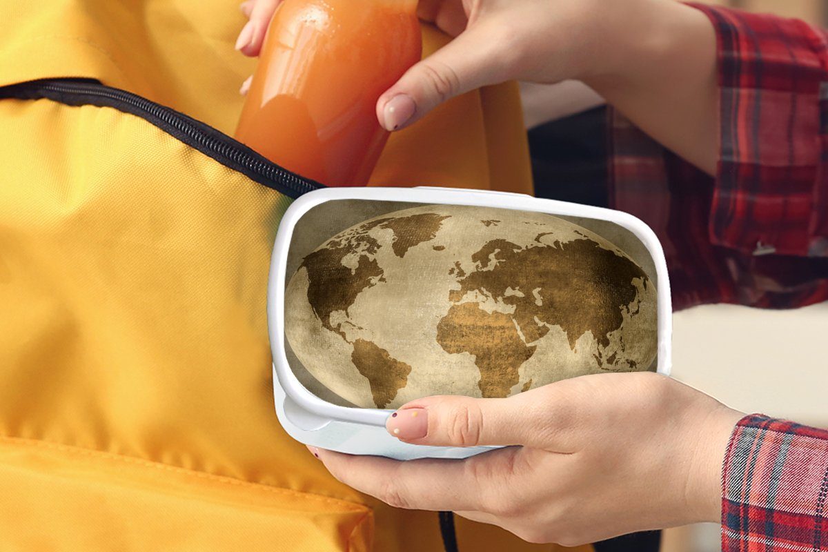 für - Kunststoff, Jungs Brotbox MuchoWow Globus und Weltkarte Lunchbox (2-tlg), Kinder Mädchen - und Erwachsene, für Vintage, Brotdose, weiß