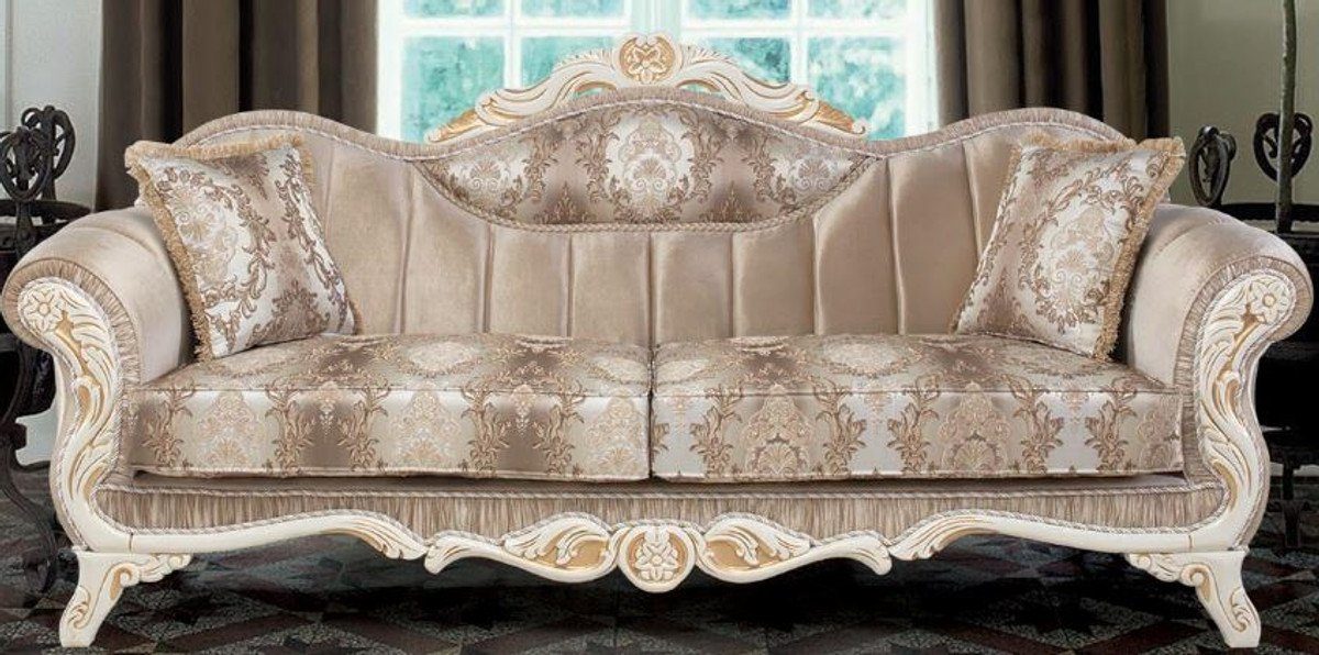 Casa Padrino Sofa Luxus Barock Sofa mit Kissen Beige / Weiß / Gold 237 x 90 x H. 99 cm - Barock Wohnzimmer Möbel