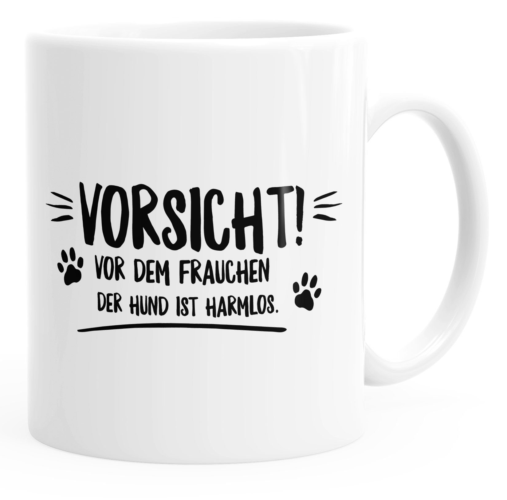 Spruch mit harmlos! glänzend MoonWorks der Tasse dem Vorsicht Keramik MoonWorks®, vor Frauchen Hund ist Kaffee-Tasse