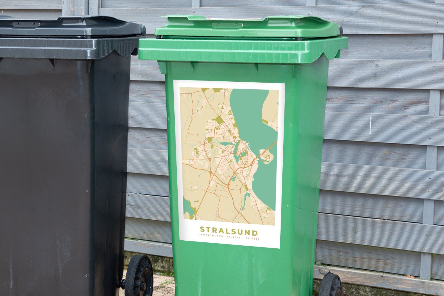 (1 Karte Sticker, MuchoWow Vintage Stralsund - Container, Mülleimer-aufkleber, Mülltonne, - Karte - St), Abfalbehälter Wandsticker