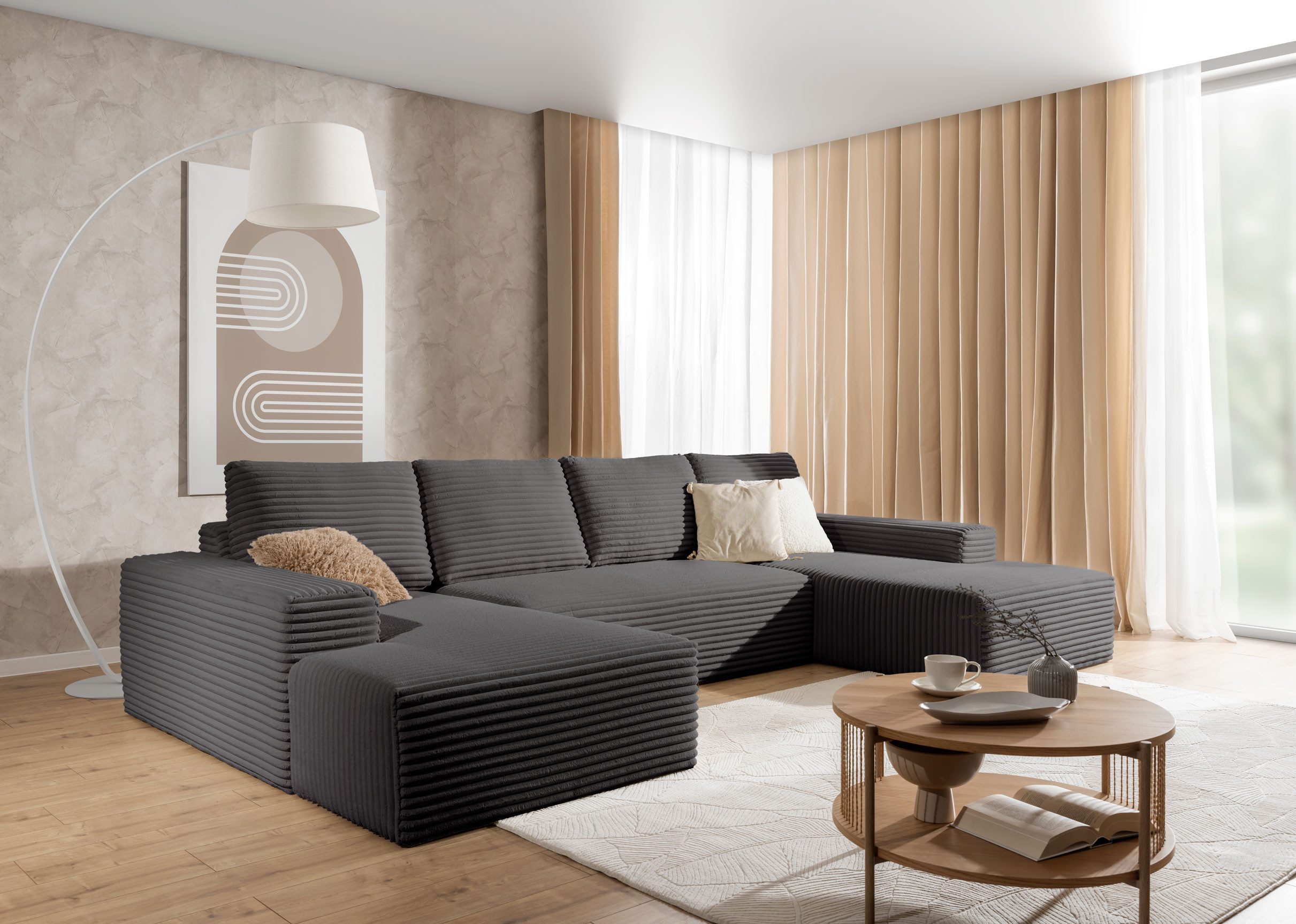 PROMETO Möbel Ecksofa Azzano U-Form, Sofa U-Form, Couch Breitcord Stoff