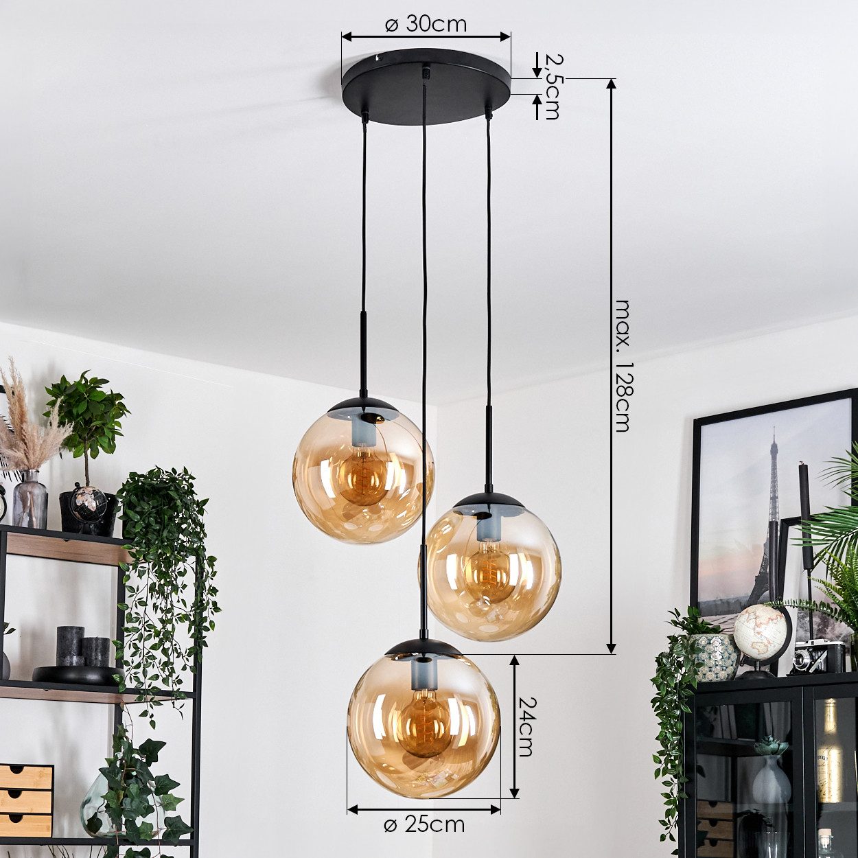 hofstein Hängeleuchte Retro/Vintage Hängelampe aus Metall/Glas in Schwarz/Bernsteinfarben, ohne Leuchtmittel – Bild 4 von 5