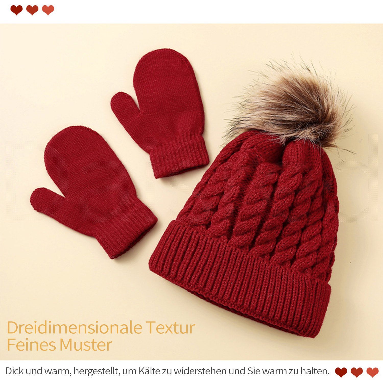 Daisred Jerseymütze 3-in-1-Winterset Kindermütze, Handschuhe, Rot Schal-Set