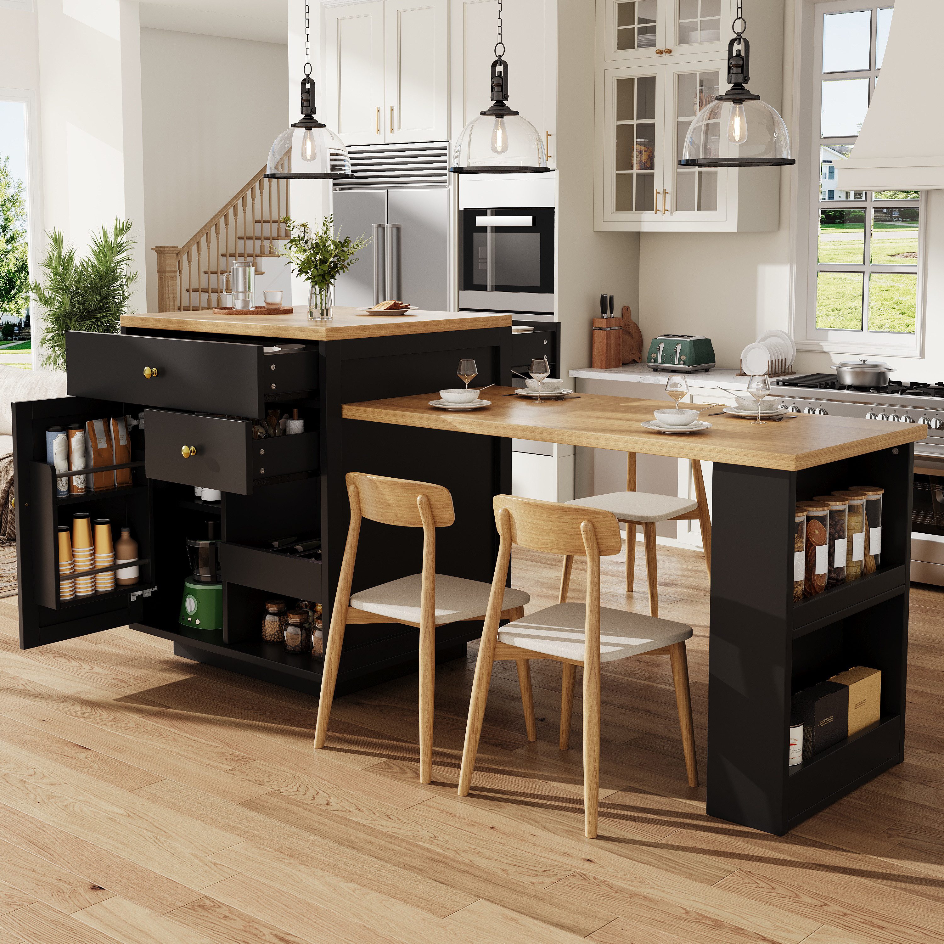 Flieks Kücheninsel mit ausziehbarer Esstisch, 3 Schubladen und 1 Türablagen, (122,5-195,5cm Länge verstellbar), Multifunktionaler Küchenschrank mit erweiterbarer Tisch Schwarz