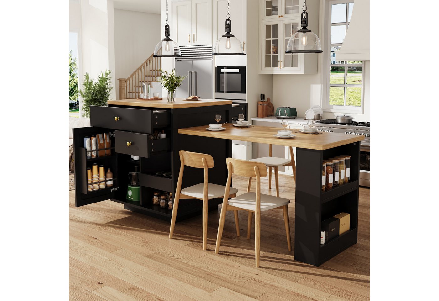 Flieks Kücheninsel mit ausziehbarer Esstisch, 3 Schubladen und 1 Türablagen, (122,5-195,5cm Länge verstellbar), Multifunktionaler Küchenschrank mit erweiterbarer Tisch Schwarz