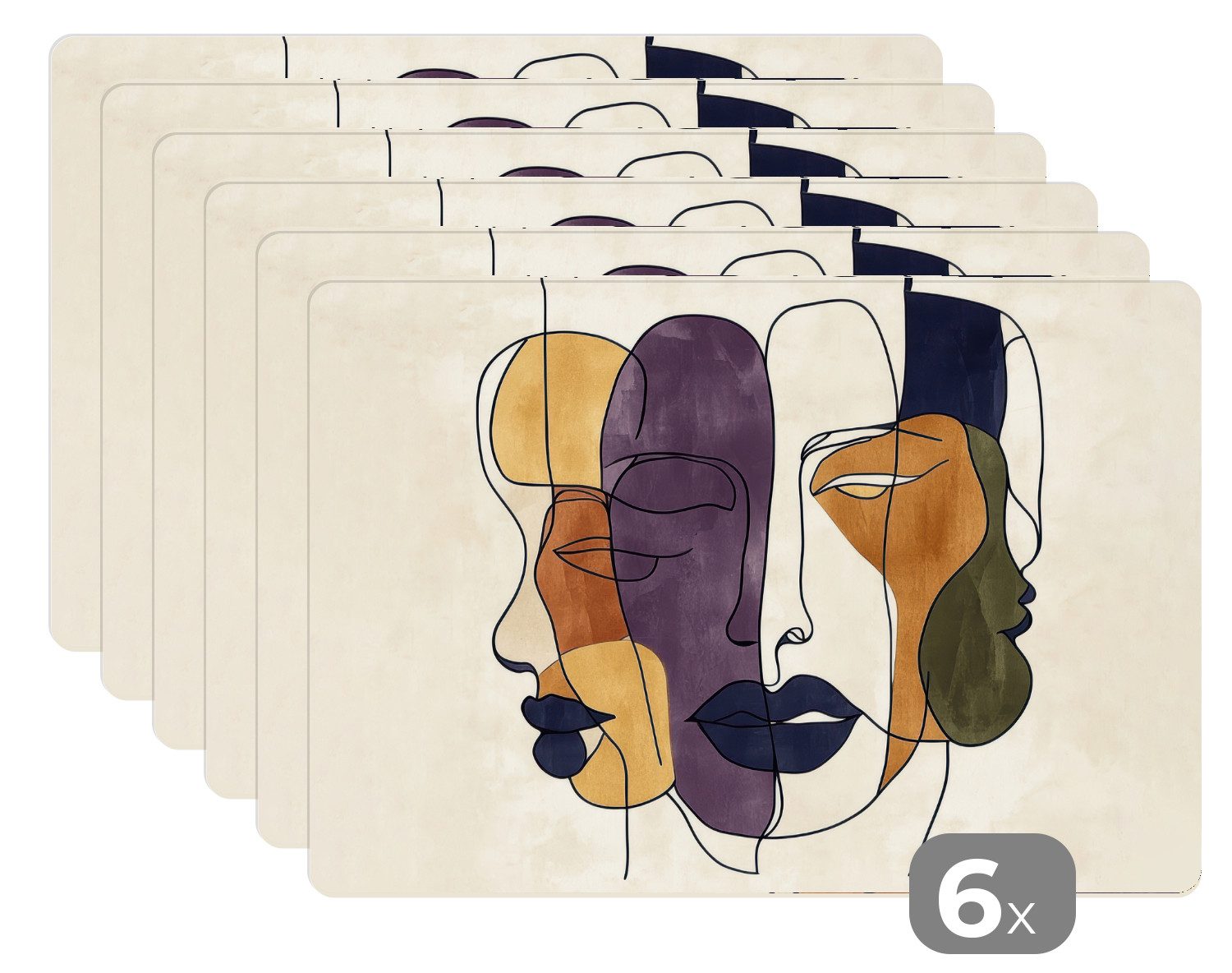 MuchoWow Platzset Abstrakt - Überlappende Gesichter - Lila - Dunkelgrün, (6-St), Platzsets, Tischset, Abwaschbar, Tischsets, Platzdeckchen