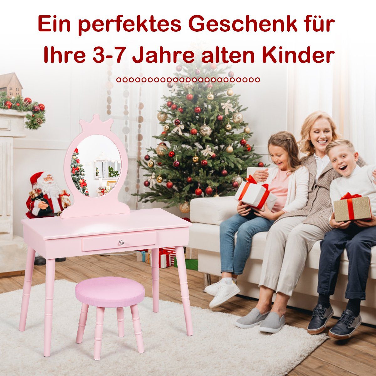 COSTWAY Schminktisch, abnehmbarem & Hocker Schublade Spiegel mit Kinder, Rosa &
