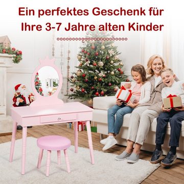 COSTWAY Schminktisch, Kinder, mit Hocker & abnehmbarem Spiegel & Schublade