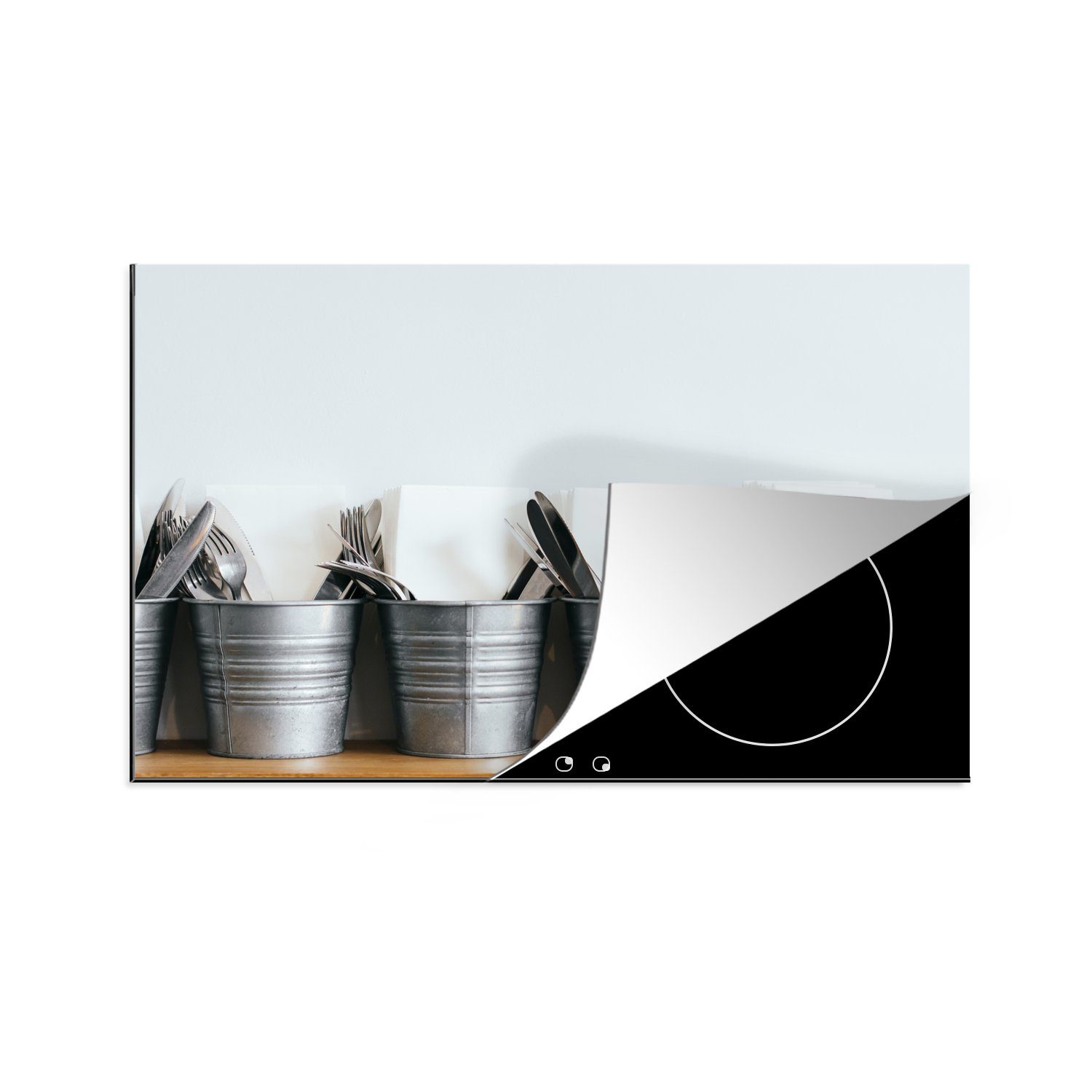 MuchoWow Herdblende-/Abdeckplatte Metalleimer mit Besteck, Vinyl, (1 tlg), 81x52 cm, Induktionskochfeld Schutz für die küche, Ceranfeldabdeckung