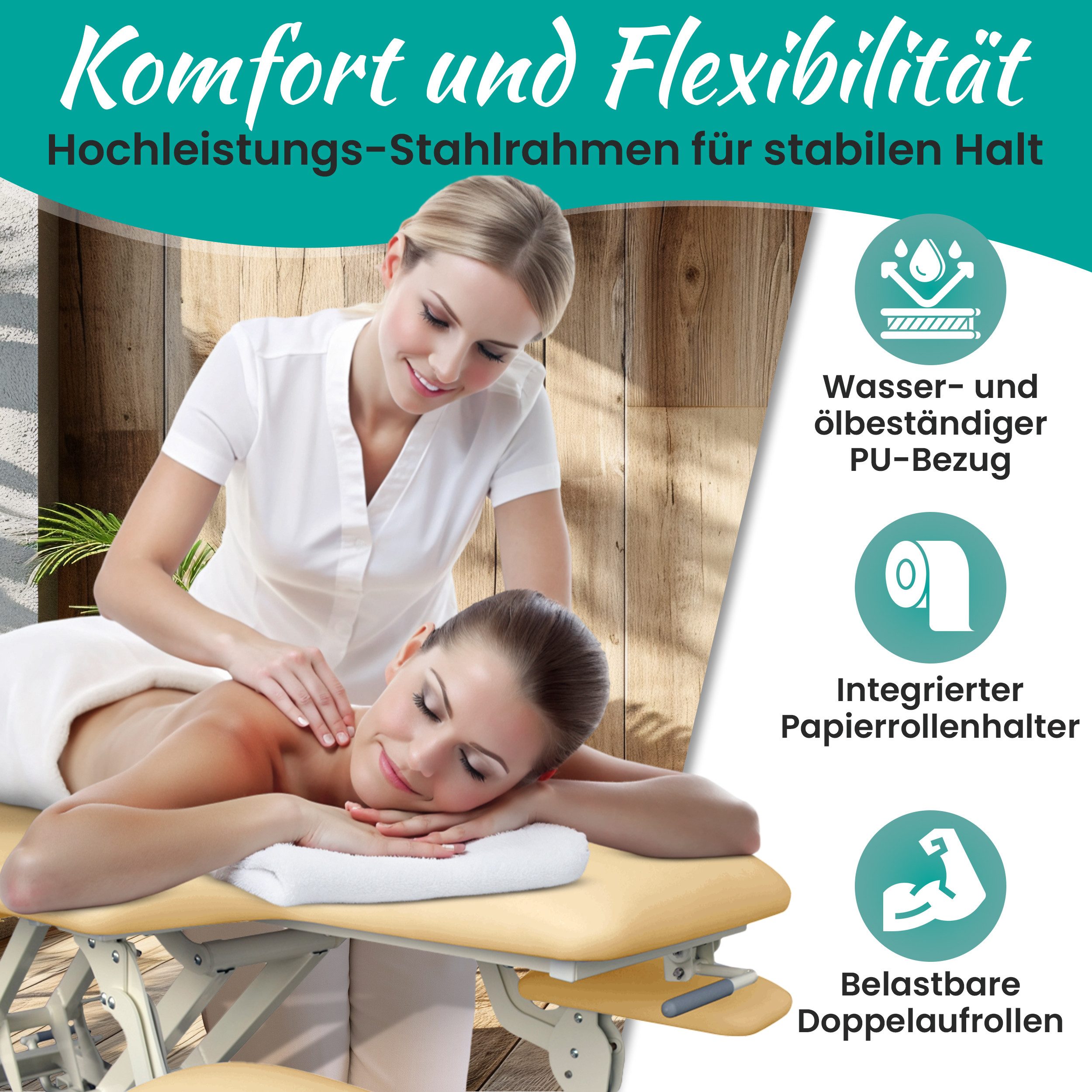 PROMAFIT Massageliege Therapieliege Elektrisch Höhenverstellbar "Houston" (Zubehör, 1-St., Rundumschaltung Armablagen Papierrollenhalter verstellbar Kopfpolster), 2 Zonen Behandlungsliege / Höhenverstellung von ca. 50 cm bis 95,5 cm