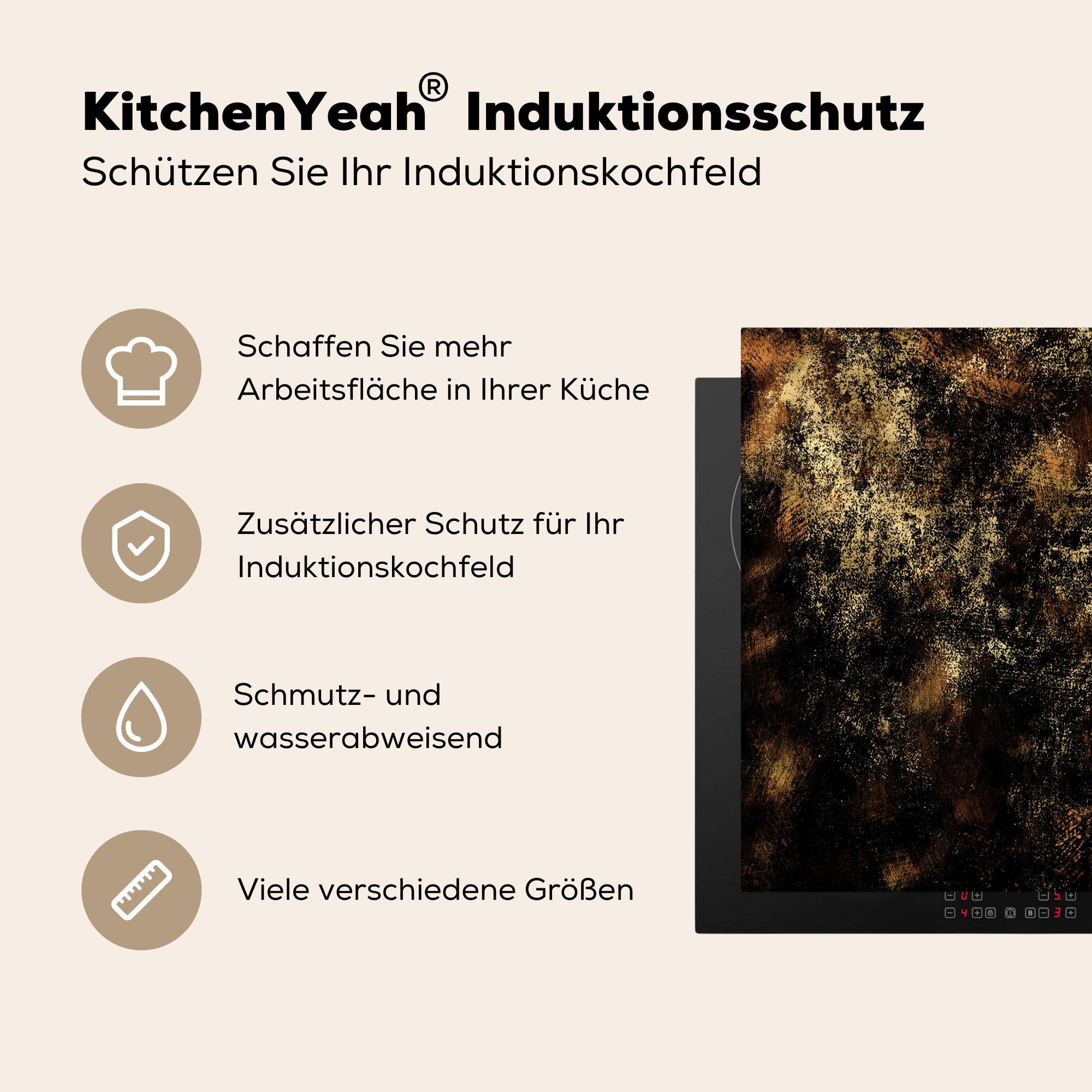 78x78 Schwarz Arbeitsplatte - - Herdblende-/Abdeckplatte Abstrakt, Gold für küche cm, Ceranfeldabdeckung, Vinyl, (1 MuchoWow tlg),