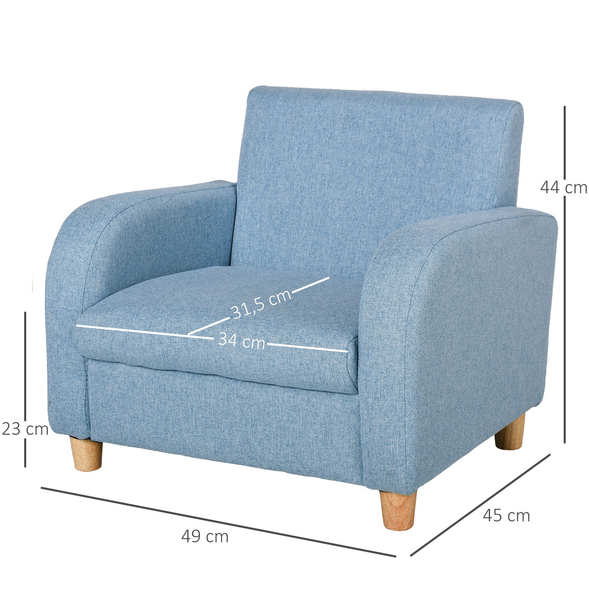 HOMCOM Kindersessel Kindersofa mit Leinen-Optik, massiven Holzfüßen, Kinderstuhl (Liegesofa, 1-St., Kindercouch), Blau 49 x 45 x 44.5 cm