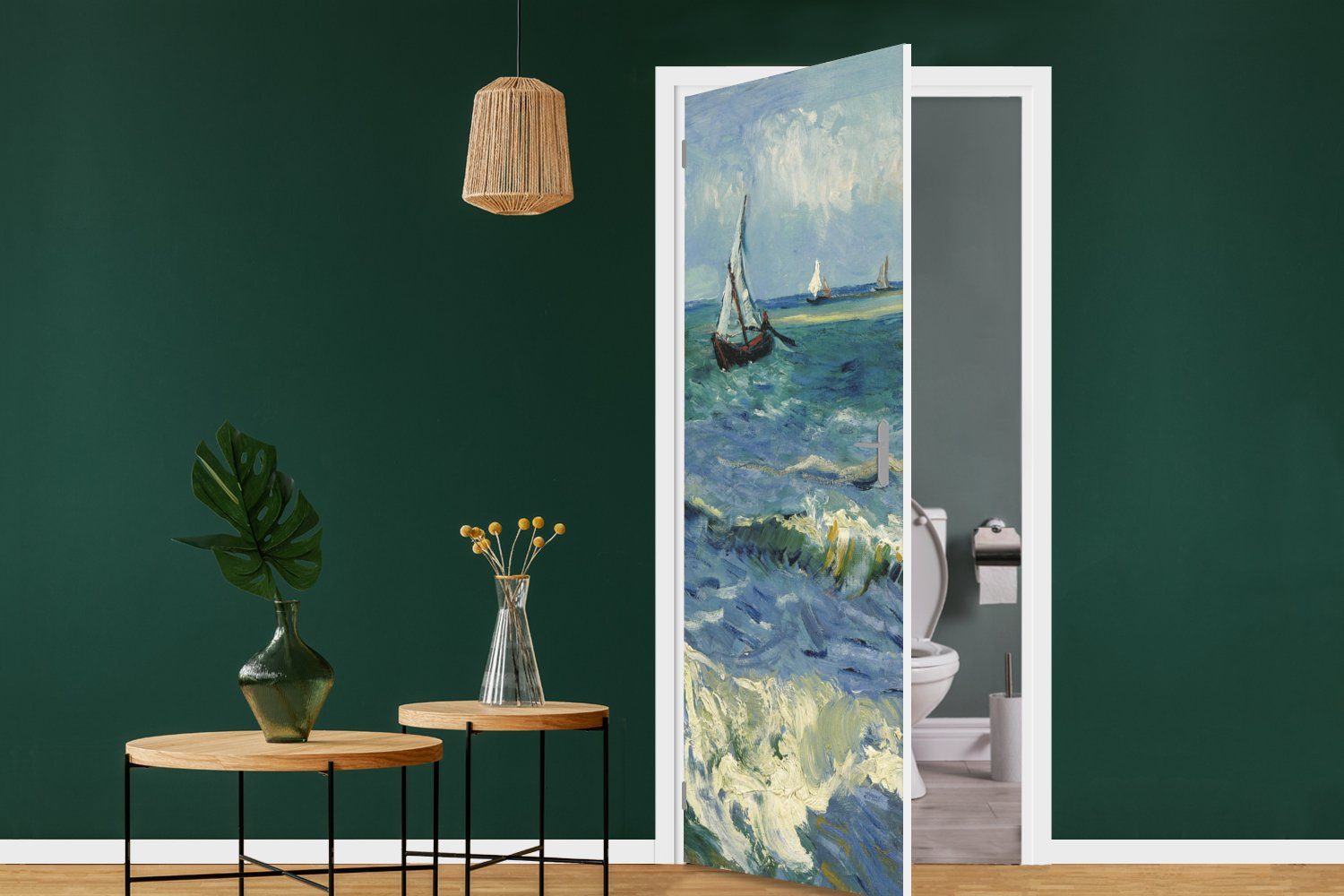 Gogh, (1 Saintes-Maries-de-la-Mer Meereslandschaft - bedruckt, 75x205 Matt, bei cm van Türaufkleber, Fototapete Türtapete Tür, Les für St), MuchoWow Vincent