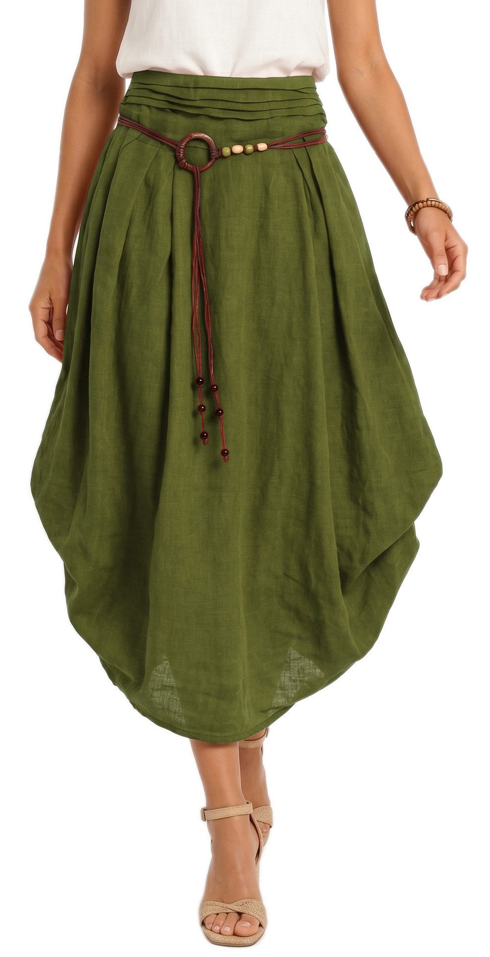dy_mode Ballonrock Damen Leinenrock Midi Ballonrock Sommerrock Midirock in Unifarbe, mit Teil-Gummibund, Variabler 2-in-1 Look