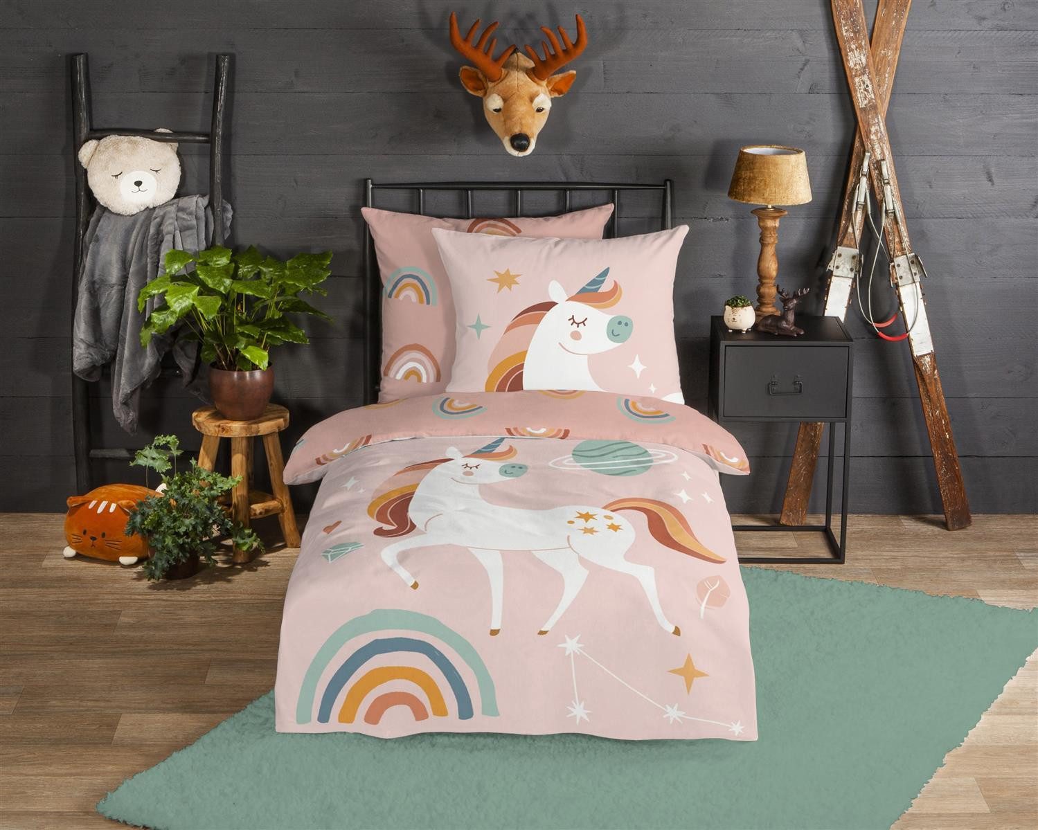 soma Bettwäsche Kinderbettwäsche Biber 135X200 Unidance Pink Einhorn rosa pastell, Biber, 2 teilig, 135x200 Warm Weich Wende Reißverschluss Kind Einhorn Rosa Unicorn