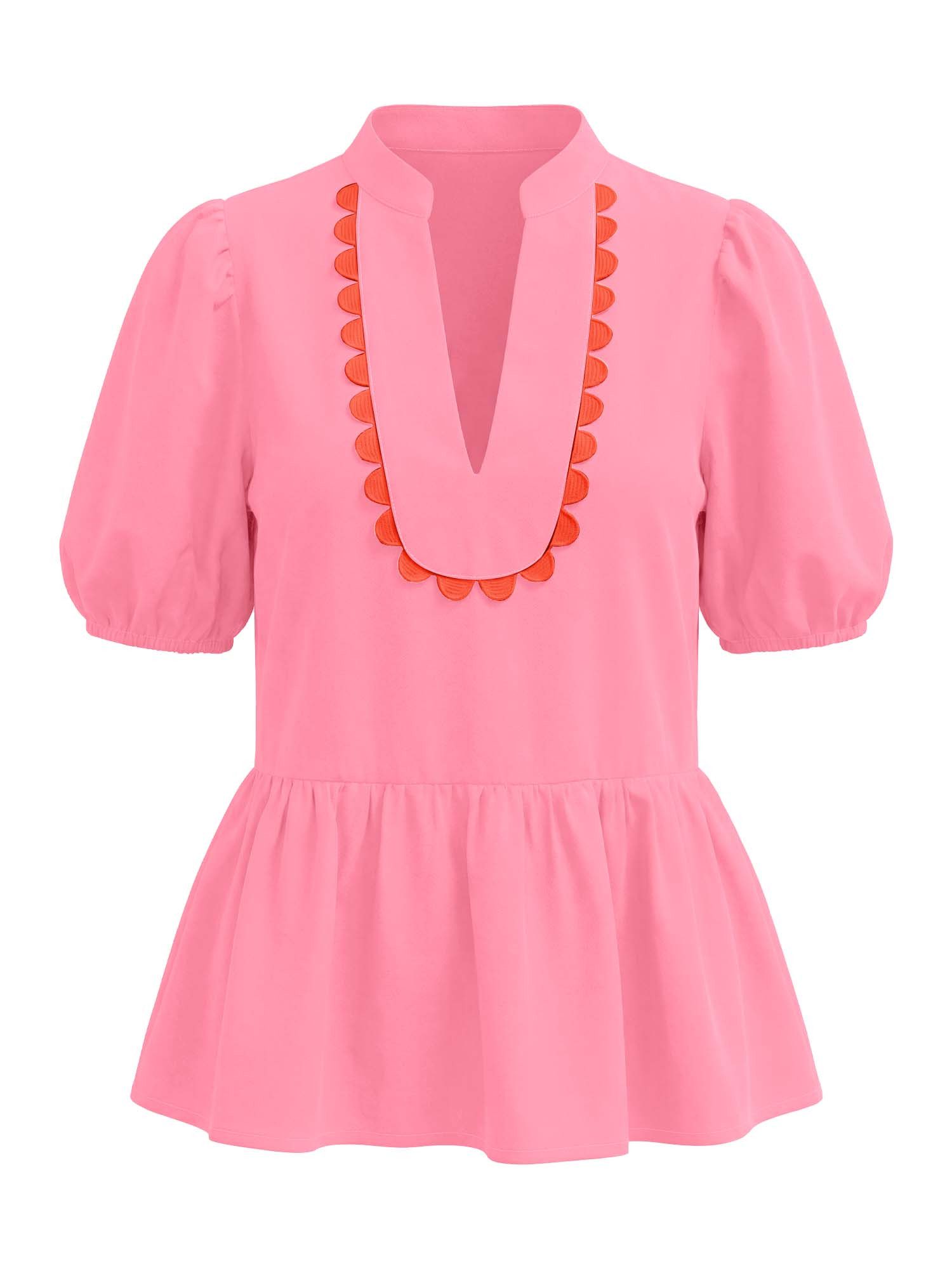 Blusenshirt Damen mit Puffärmeln V-Ausschnitt Rüschen Babydoll Loose