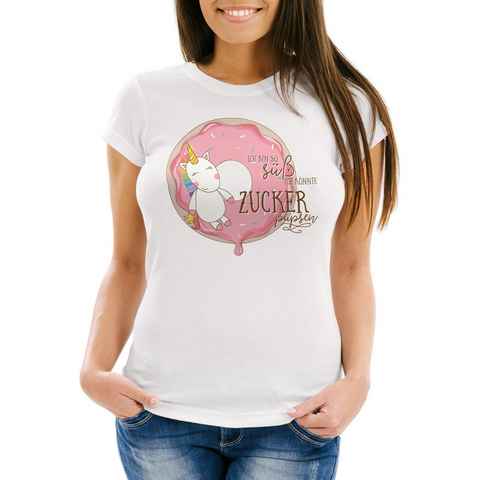 MoonWorks Print-Shirt süßes Damen T-Shirt Einhorn auf Donut Ich bin so süß ich könnte Zucker pupsen Unicorn Spruch Slim Fit Moonworks® mit Print