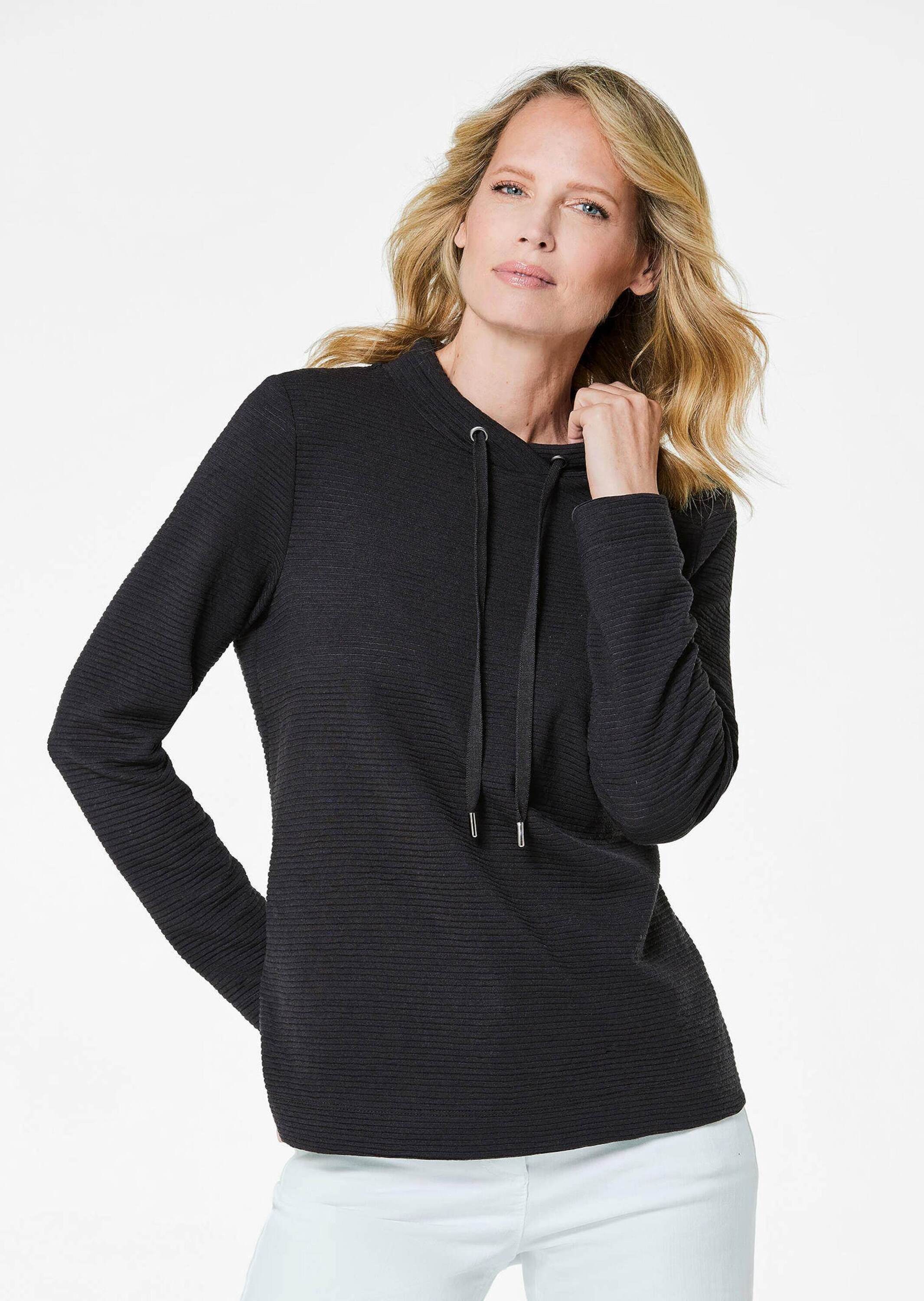 GOLDNER T-Shirt Langarm Viskose-Pullover, Stehbund Sweater mit Seitennahtschlitzen, raffinierter Stehkragen mit Kordeln