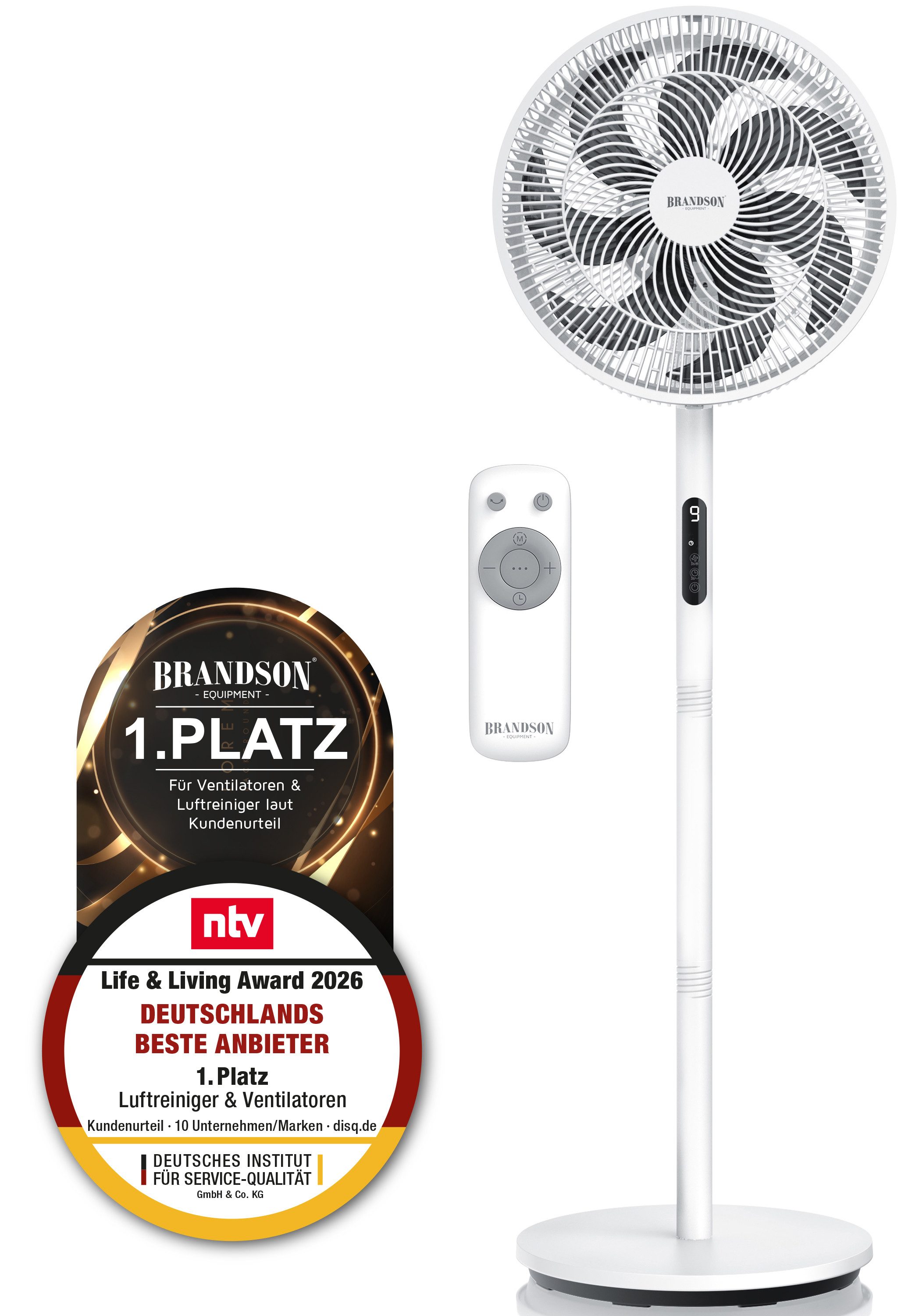 Brandson Standventilator DC, leise, energiesparend, Oszillation, Timer, Fernbedienung, 30 Watt, 39.8 cm Durchmesser, NTV Sieger 2026, 9 Geschwindigkeitsstufen, Lüfter, höhenverstellbar