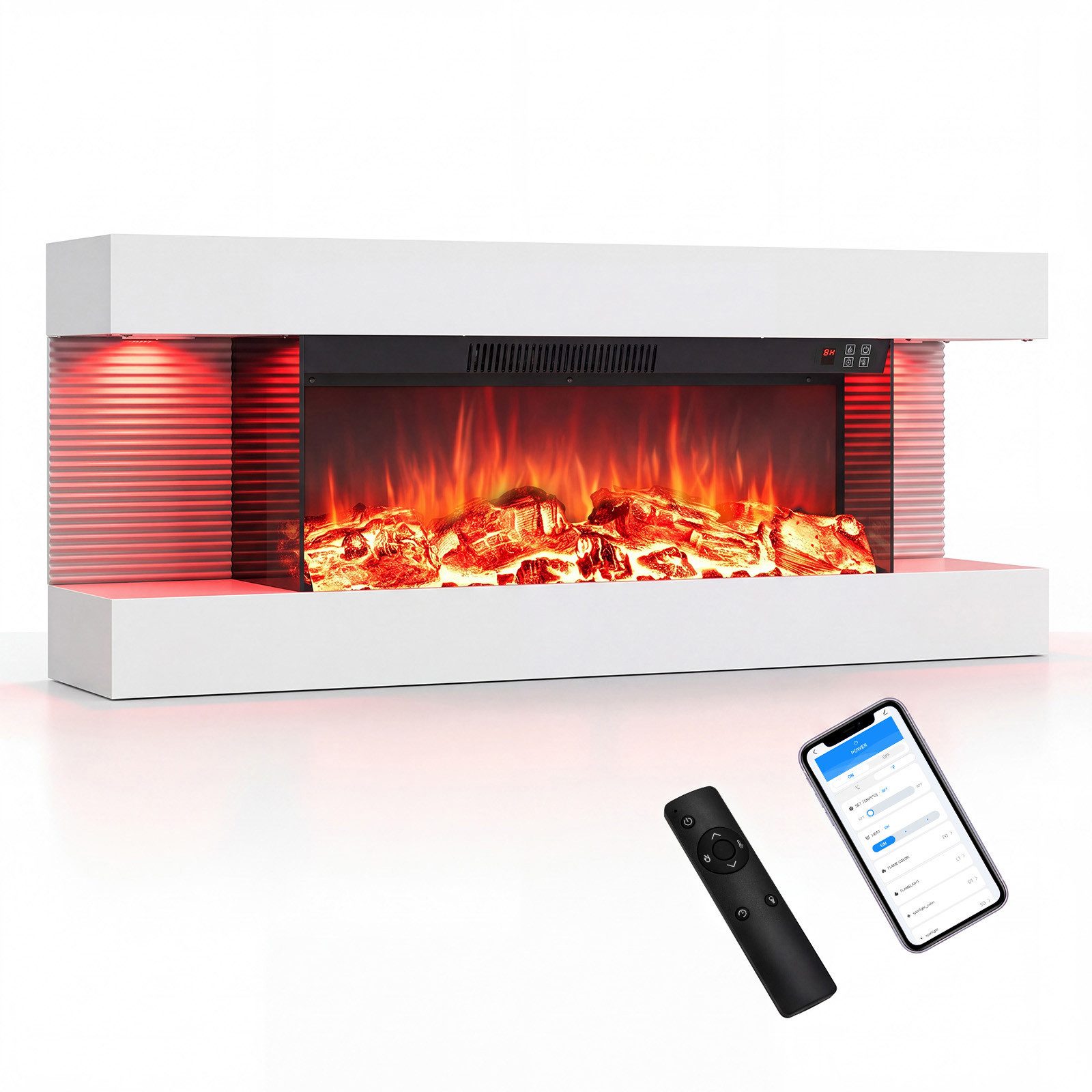 COSTWAY Elektrokamin Wandkamin mit LED-Seitenlichtern, 3D-Flammeneffekt